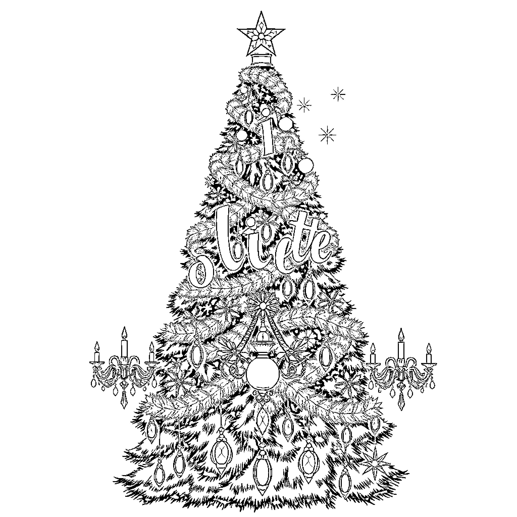 Christmas Tree with Ornate Decorations Coloring Page (free black-and-white line drawing printable PDF for all, from beginners to advanced learners, including children, teens, adults, and seniors)