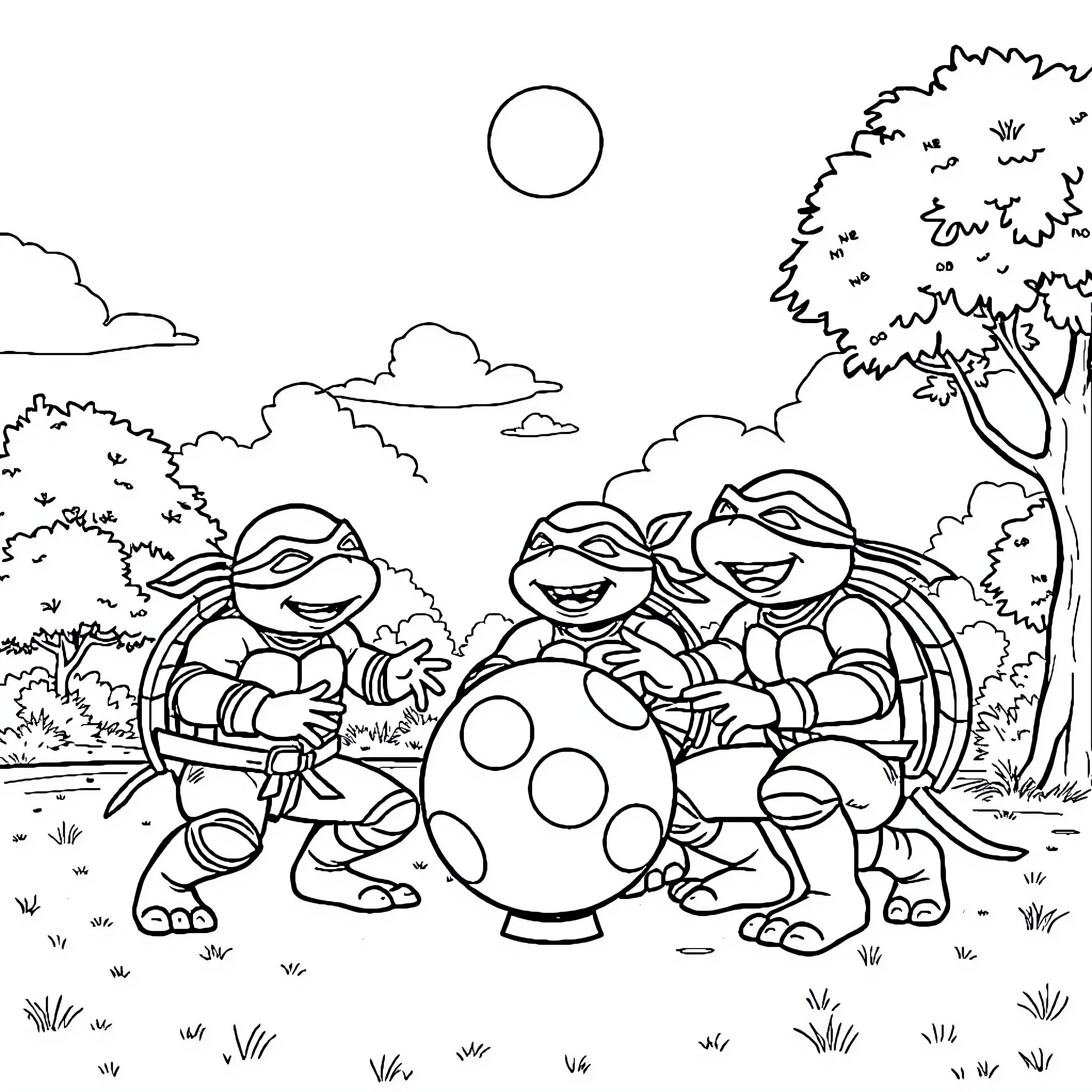 Ninja Turtles exploring nature and having fun Coloring Page (free black-and-white line drawing printable PDF for all, from beginners to advanced learners, including children, teens, adults, and seniors)