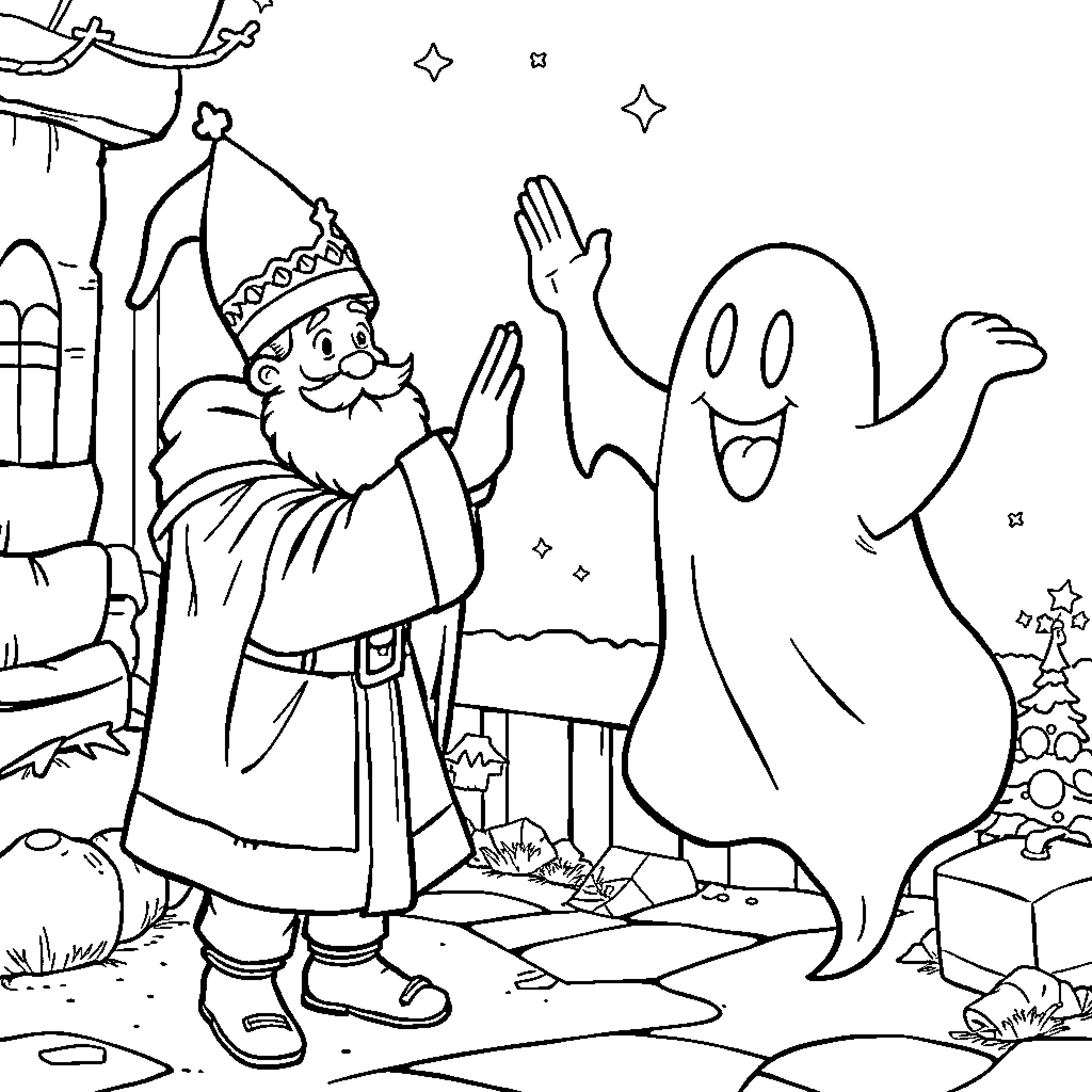 Saint Nicolas Interacting Joyfully with Ghost Figure Coloring Page (free black-and-white line drawing printable PDF for all, from beginners to advanced learners, including children, teens, adults, and seniors)