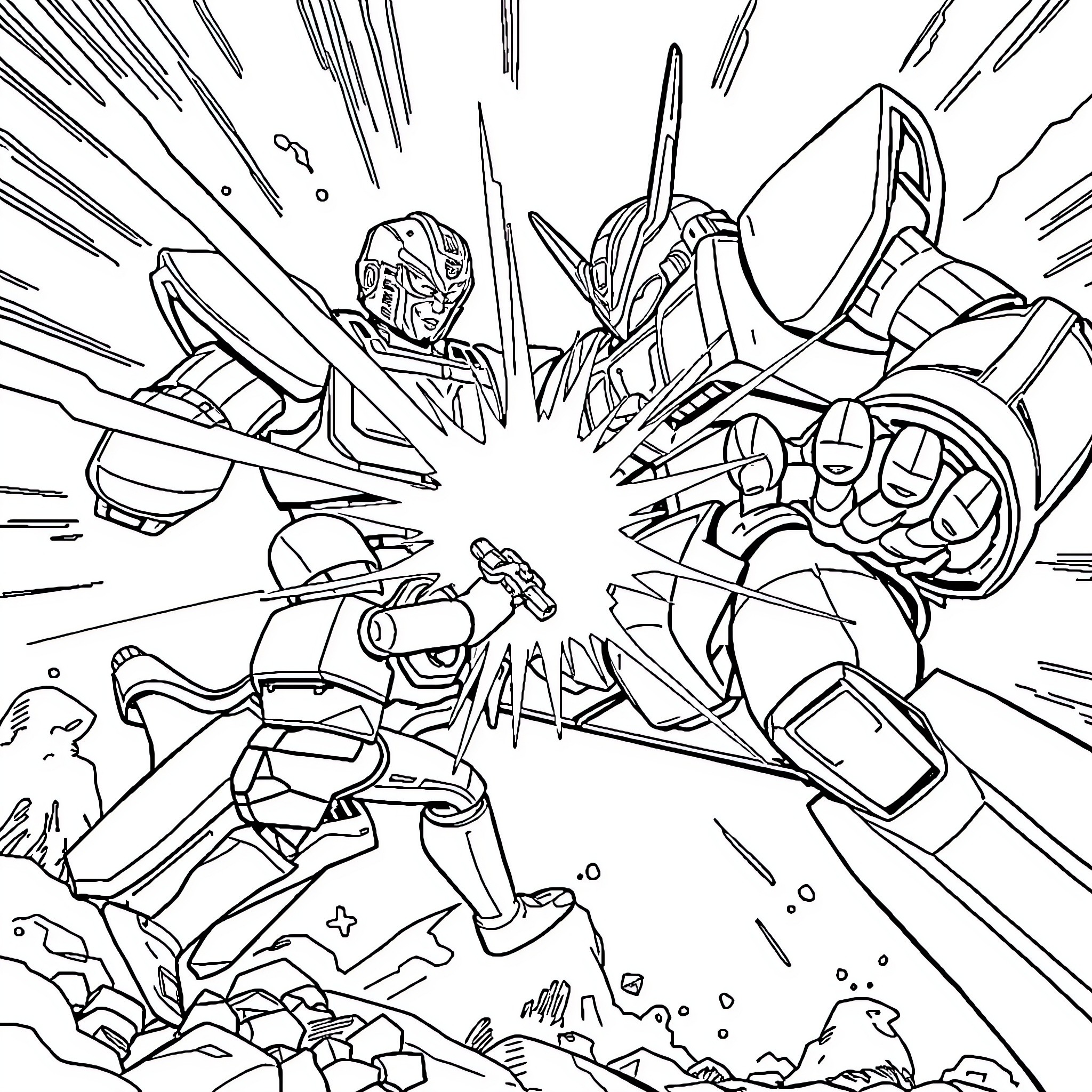 Songoku battling against powerful foes in an intense clash Coloring Page (free black-and-white line drawing printable PDF for all, from beginners to advanced learners, including children, teens, adults, and seniors)