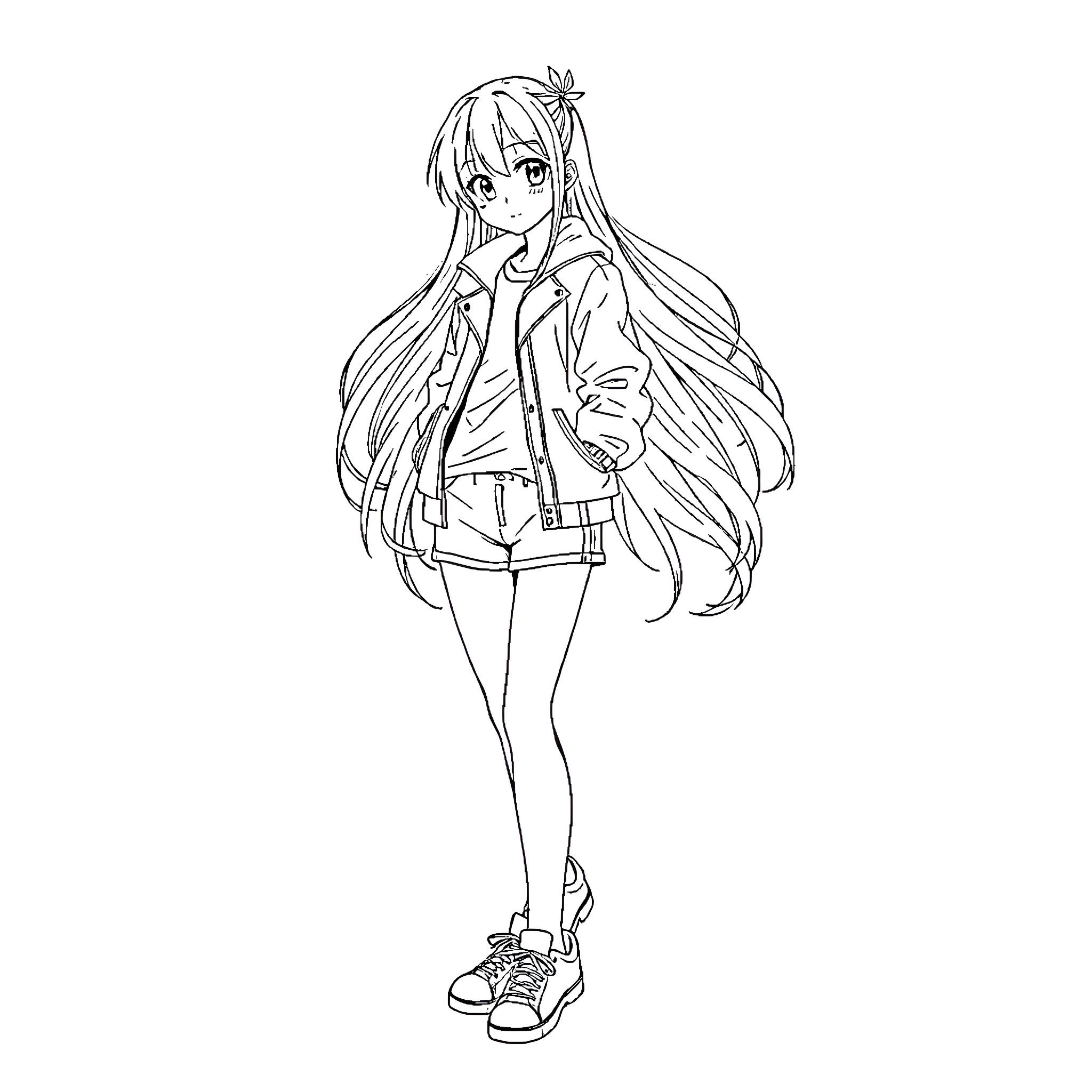 Anime Girl with Long Flowing Hair and Casual Outfit Coloring Page (free black-and-white line drawing printable PDF for all, from beginners to advanced learners, including children, teens, adults, and seniors)
