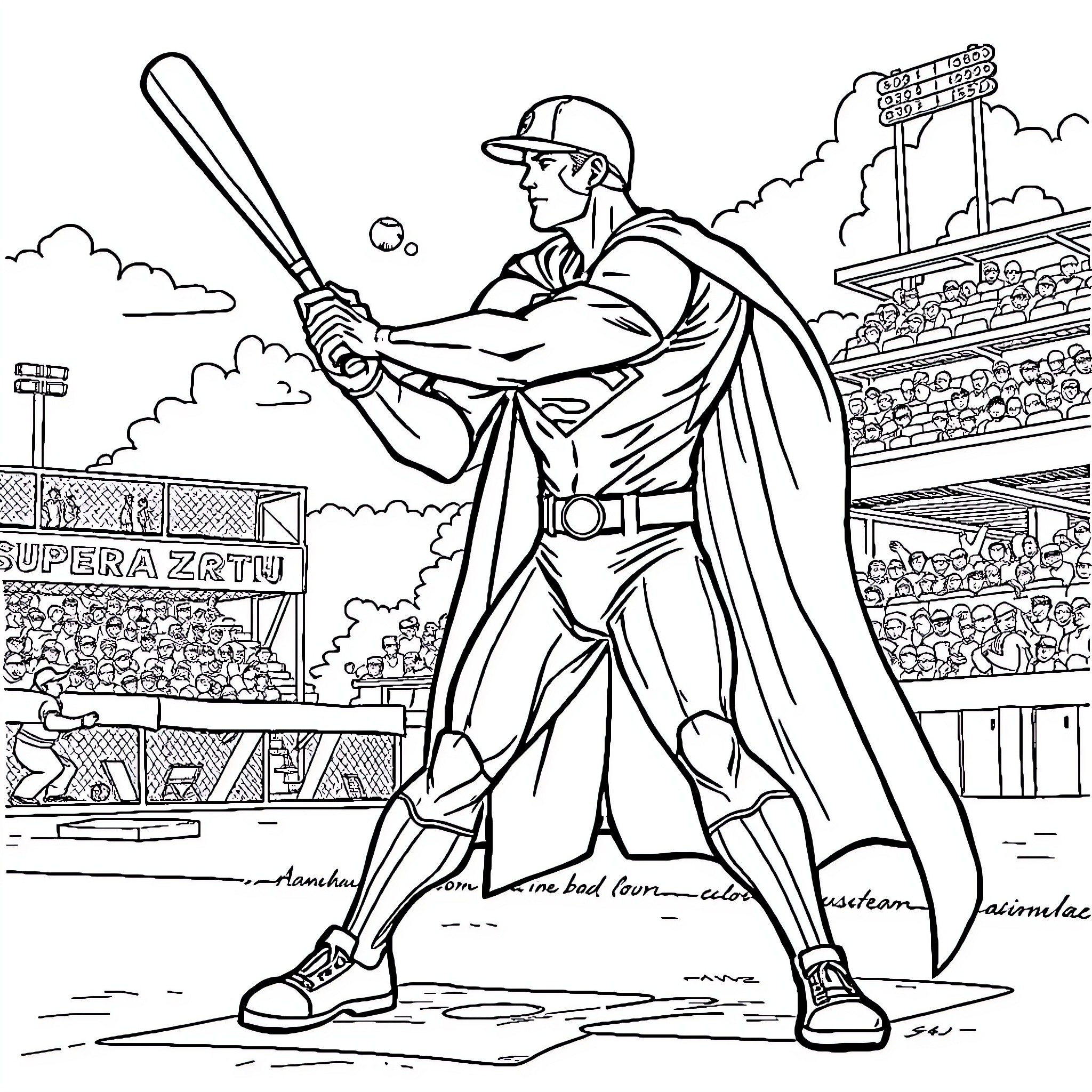 Superman batting at the baseball stadium Coloring Page (free black-and-white line drawing printable PDF for all, from beginners to advanced learners, including children, teens, adults, and seniors)