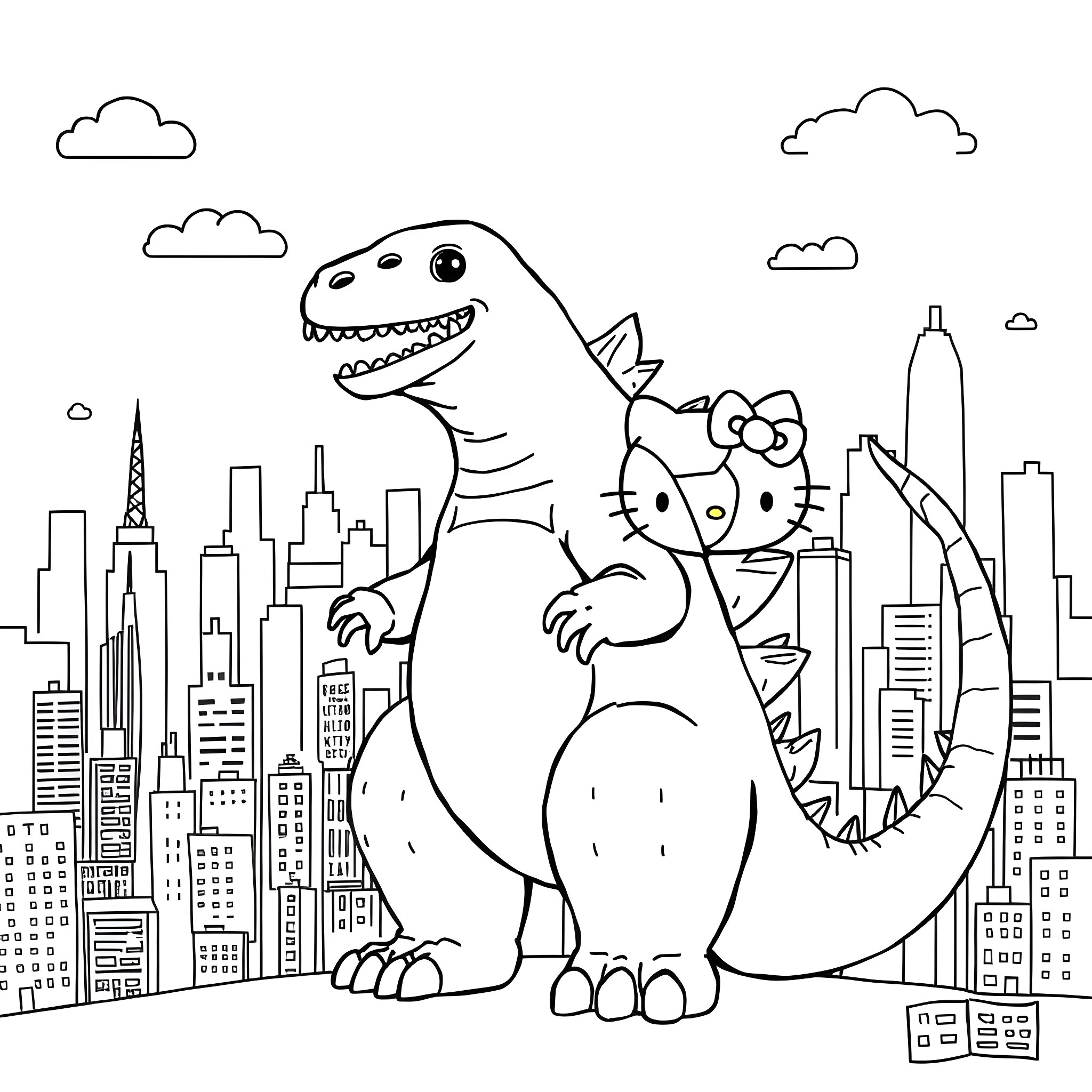 Godzilla and Hello Kitty explore the city together Coloring Page (free black-and-white line drawing printable PDF for all, from beginners to advanced learners, including children, teens, adults, and seniors)