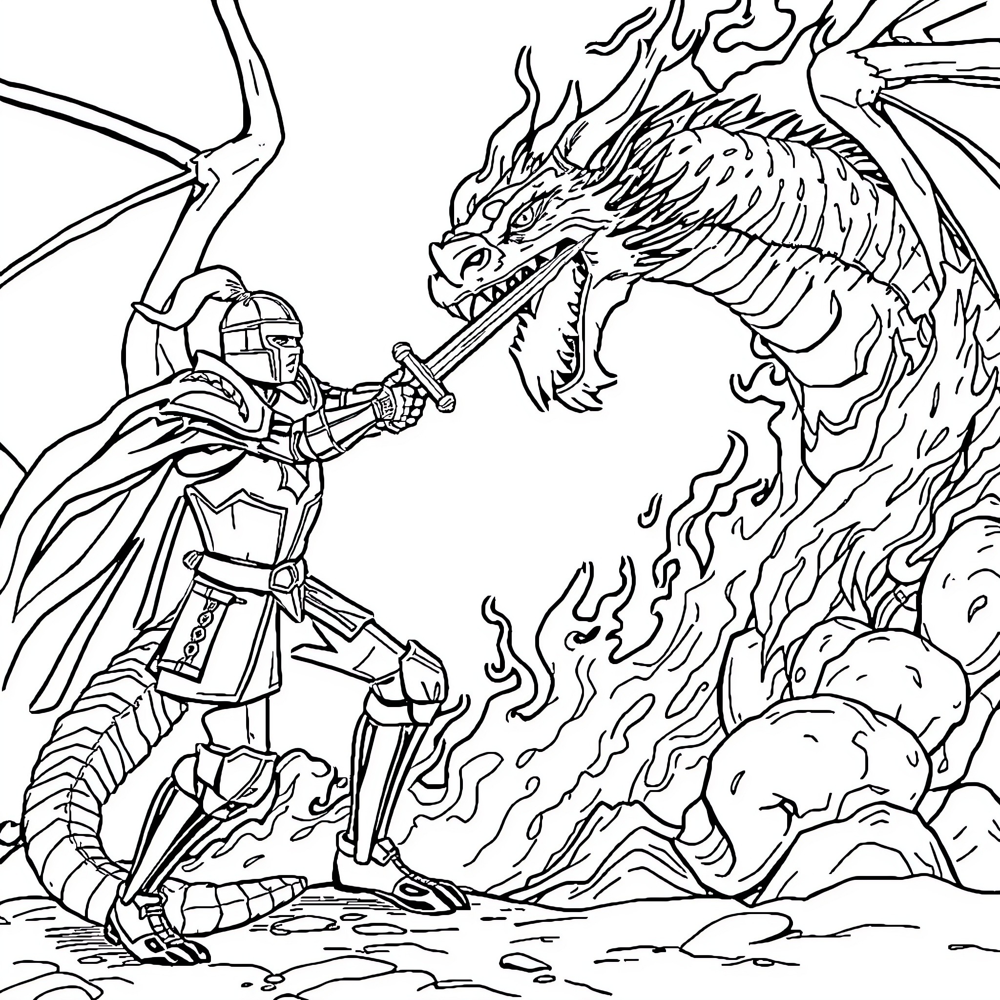 Knight battling a fierce dragon in a fiery scene Coloring Page (free black-and-white line drawing printable PDF for all, from beginners to advanced learners, including children, teens, adults, and seniors)