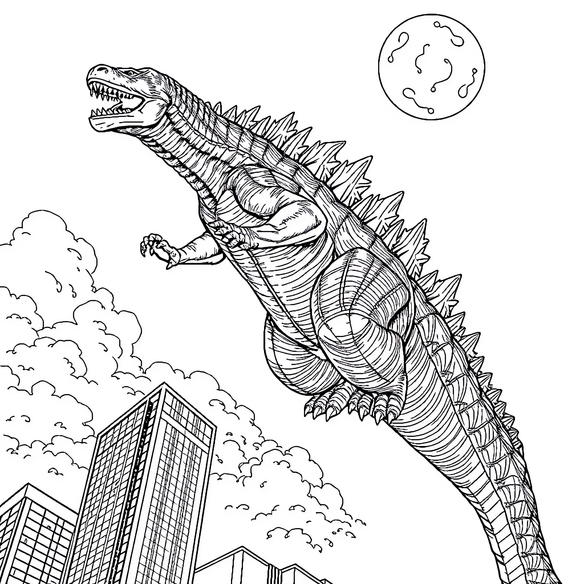 Godzilla's Destructive Rampage Through the City Coloring Page (free black-and-white line drawing printable PDF for all, from beginners to advanced learners, including children, teens, adults, and seniors)
