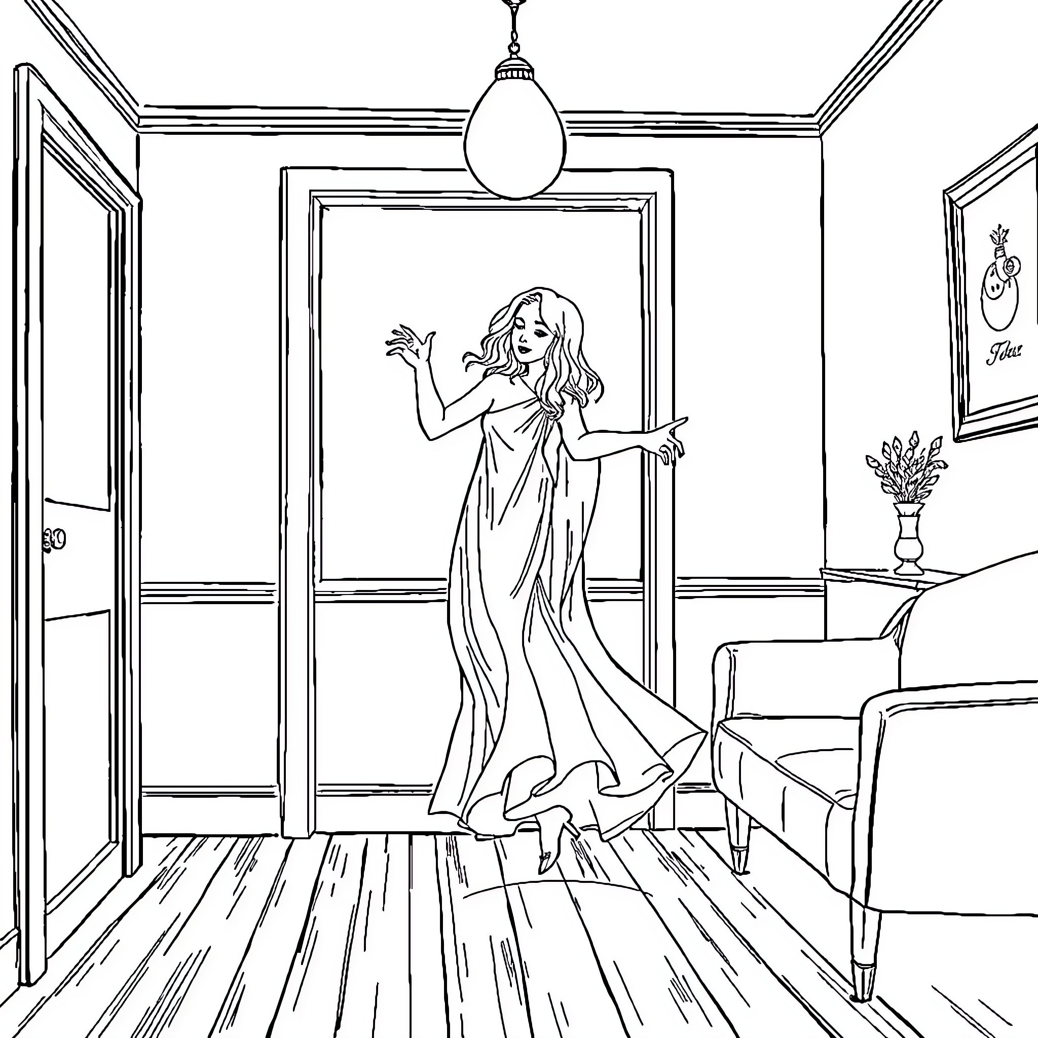 Ghost in a Glamorous Gown Poses in Elegant Room Coloring Page (free black-and-white line drawing printable PDF for all, from beginners to advanced learners, including children, teens, adults, and seniors)