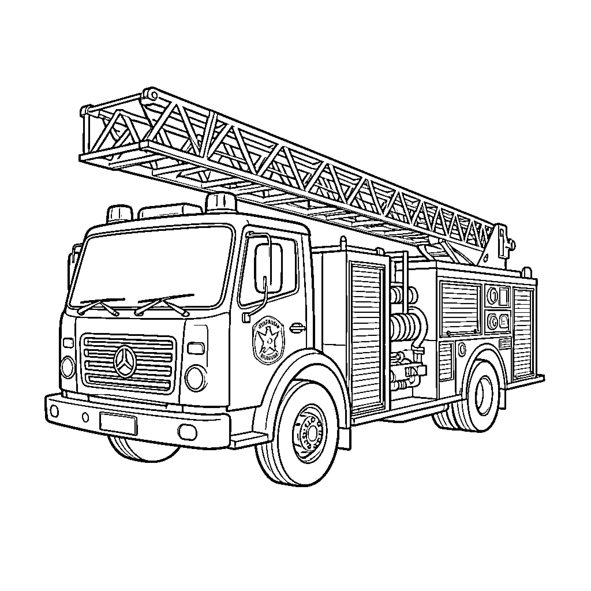 Fire Truck parked with a long ladder extended Coloring Page (free black-and-white line drawing printable PDF for all, from beginners to advanced learners, including children, teens, adults, and seniors)