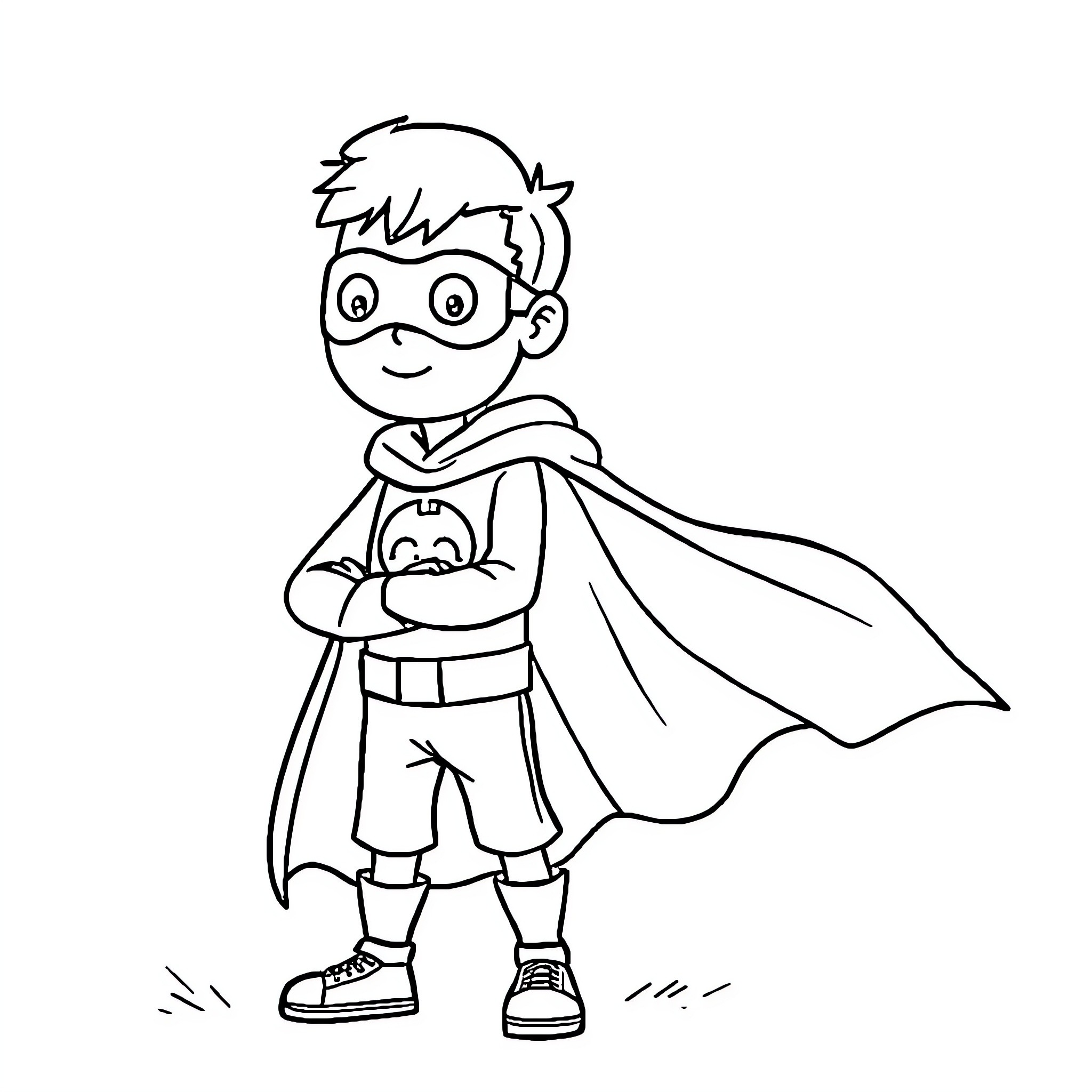 Superhero Boy with Confident Pose Coloring Page (free black-and-white line drawing printable PDF for all, from beginners to advanced learners, including children, teens, adults, and seniors)