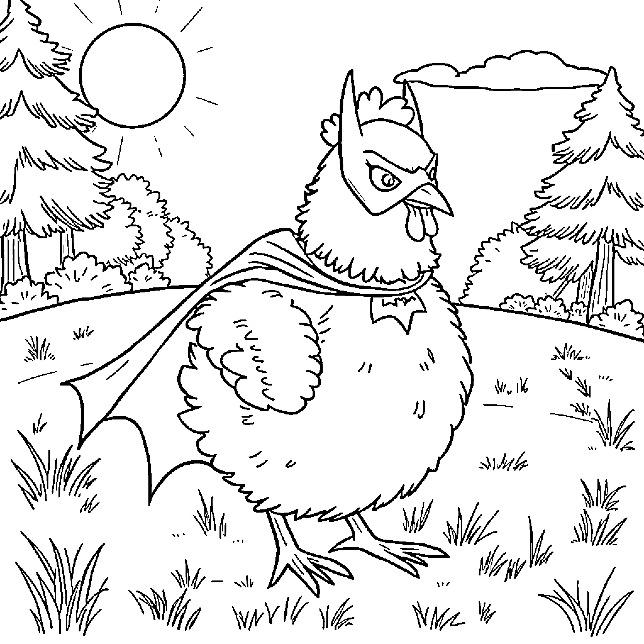 Chicken strolling through the peaceful countryside Coloring Page (free black-and-white line drawing printable PDF for all, from beginners to advanced learners, including children, teens, adults, and seniors)