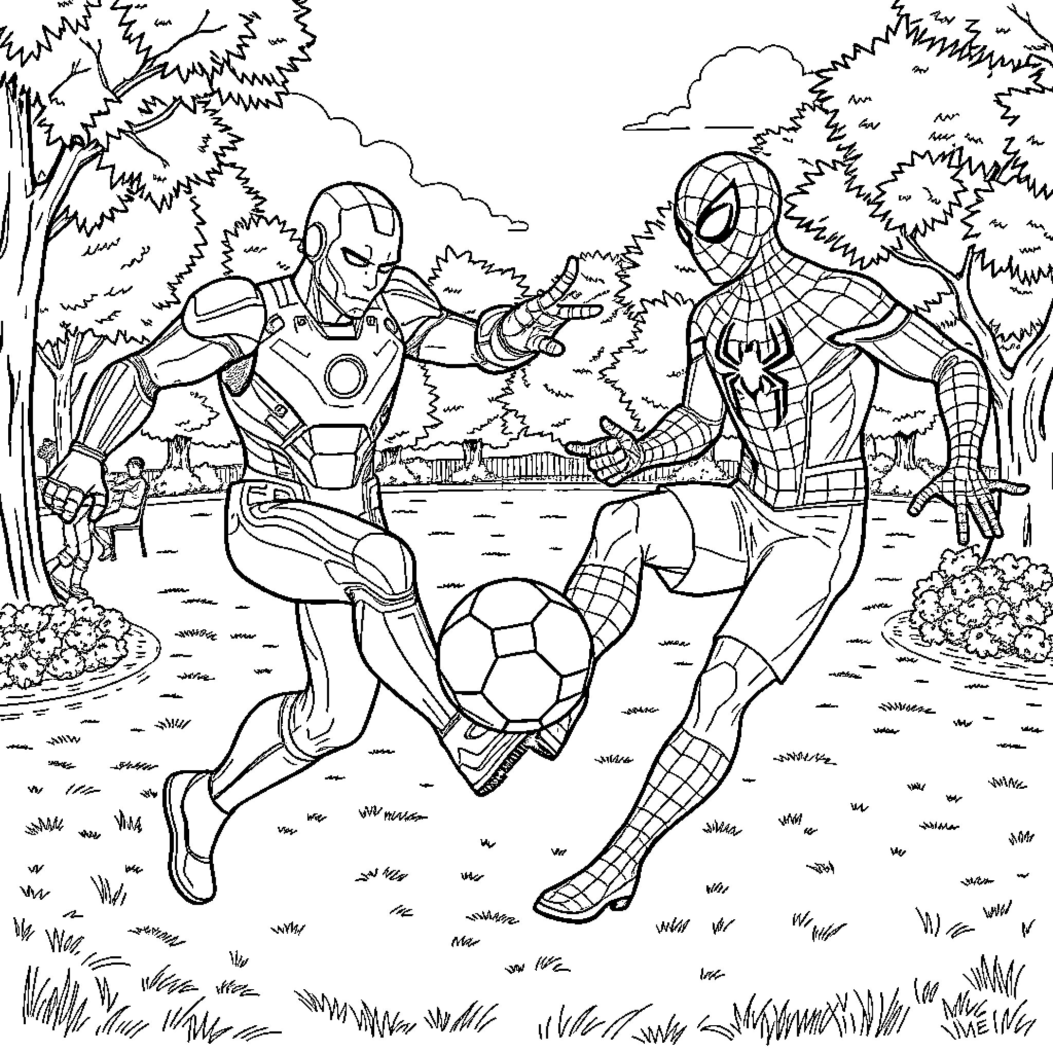 Iron Man and Spider-Man playing football in a park Coloring Page (free black-and-white line drawing printable PDF for all, from beginners to advanced learners, including children, teens, adults, and seniors)