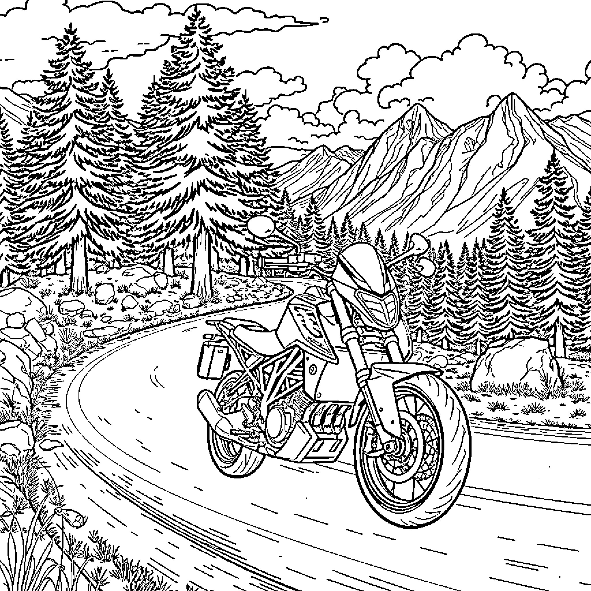 KTM Motorcycle Riding Through Scenic Mountain Landscape Coloring Page (free black-and-white line drawing printable PDF for all, from beginners to advanced learners, including children, teens, adults, and seniors)