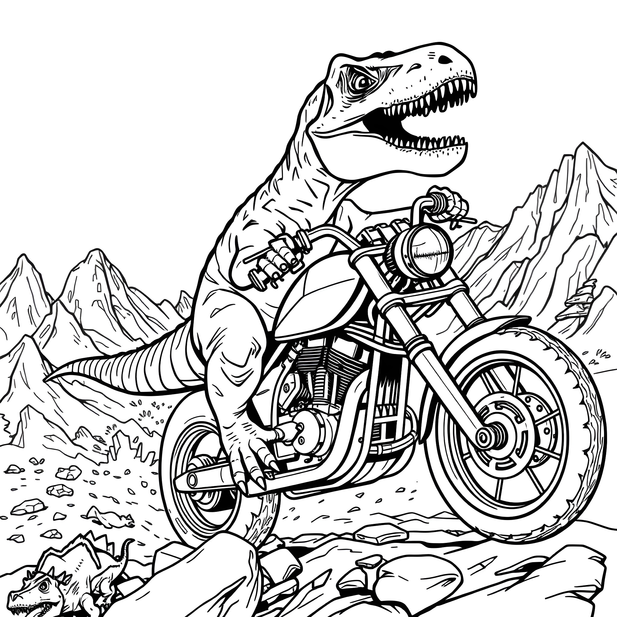 T-Rex riding a motorcycle through the mountains Coloring Page (free black-and-white line drawing printable PDF for all, from beginners to advanced learners, including children, teens, adults, and seniors)