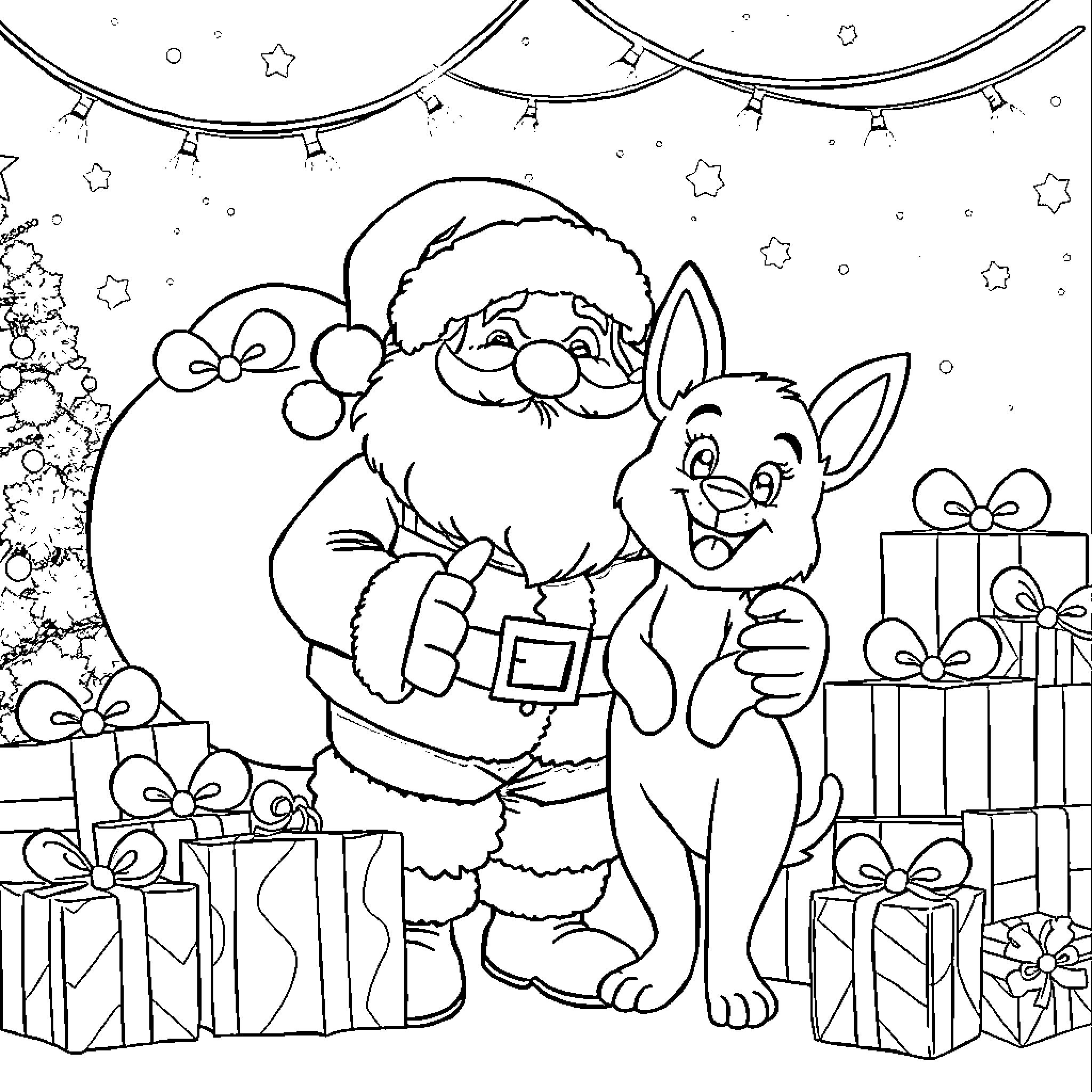 Bluey helping Santa with holiday preparations Coloring Page (free black-and-white line drawing printable PDF for all, from beginners to advanced learners, including children, teens, adults, and seniors)