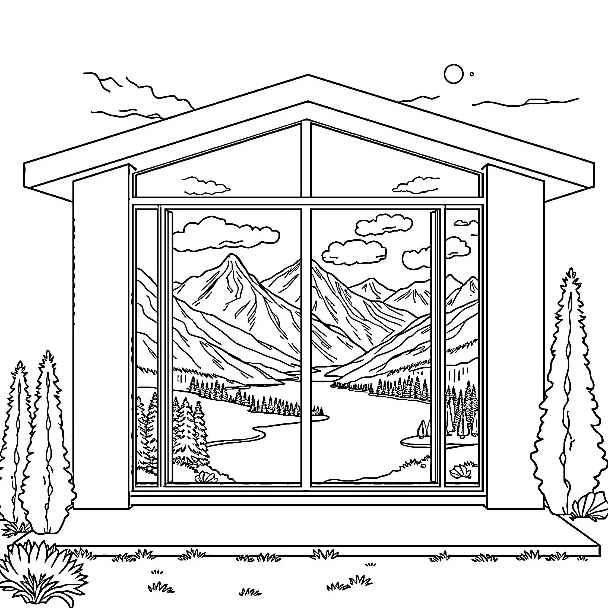 House with Scenic Mountain Landscape View Coloring Page (free black-and-white line drawing printable PDF for all, from beginners to advanced learners, including children, teens, adults, and seniors)