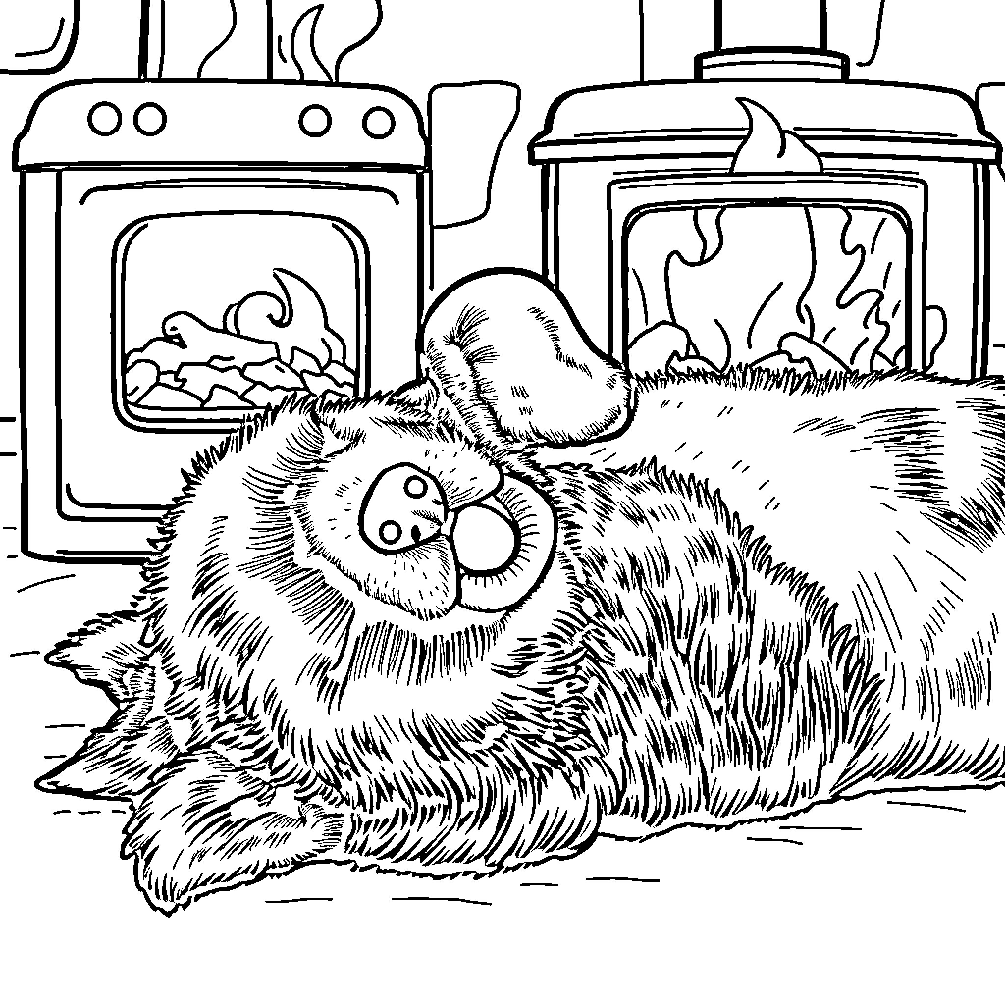Cattle Dog Resting by the Fireplace Coloring Page (free black-and-white line drawing printable PDF for all, from beginners to advanced learners, including children, teens, adults, and seniors)