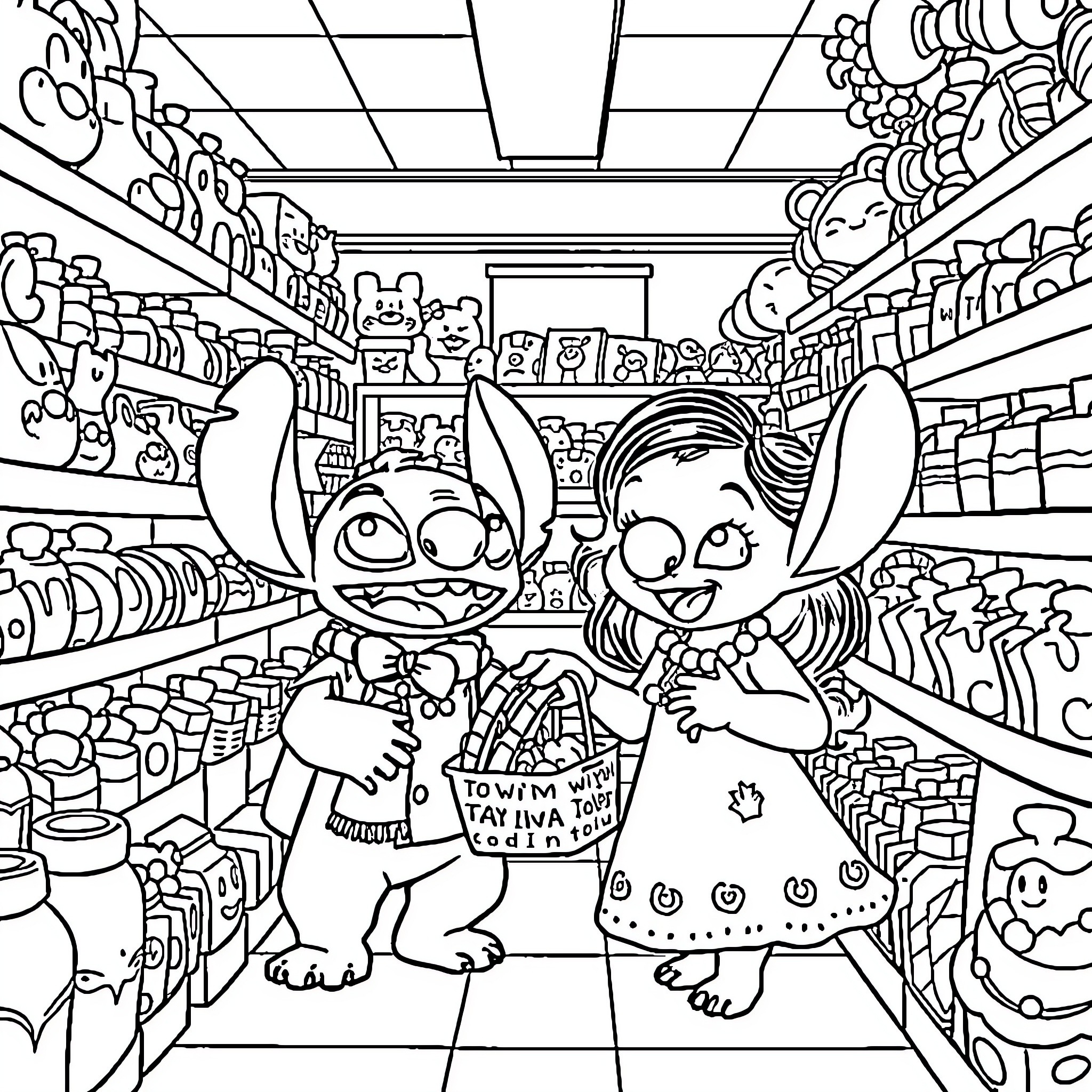 Lilo And Stitch Exploring a Toy Store Coloring Page (free black-and-white line drawing printable PDF for all, from beginners to advanced learners, including children, teens, adults, and seniors)