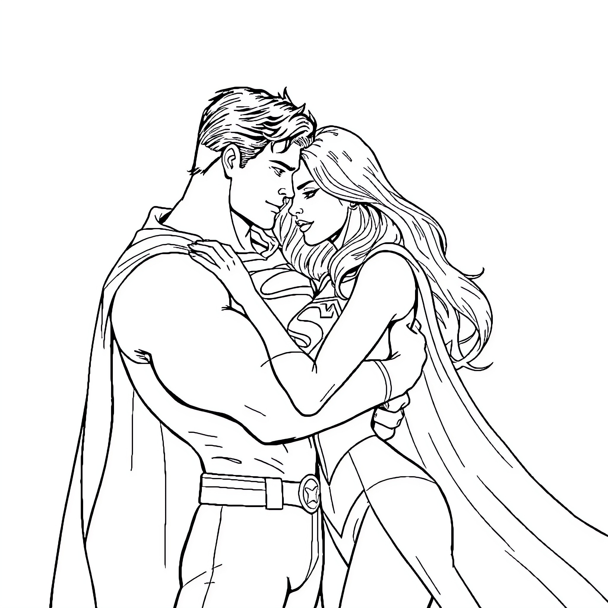 Superman embracing his love interest tenderly Coloring Page (free black-and-white line drawing printable PDF for all, from beginners to advanced learners, including children, teens, adults, and seniors)