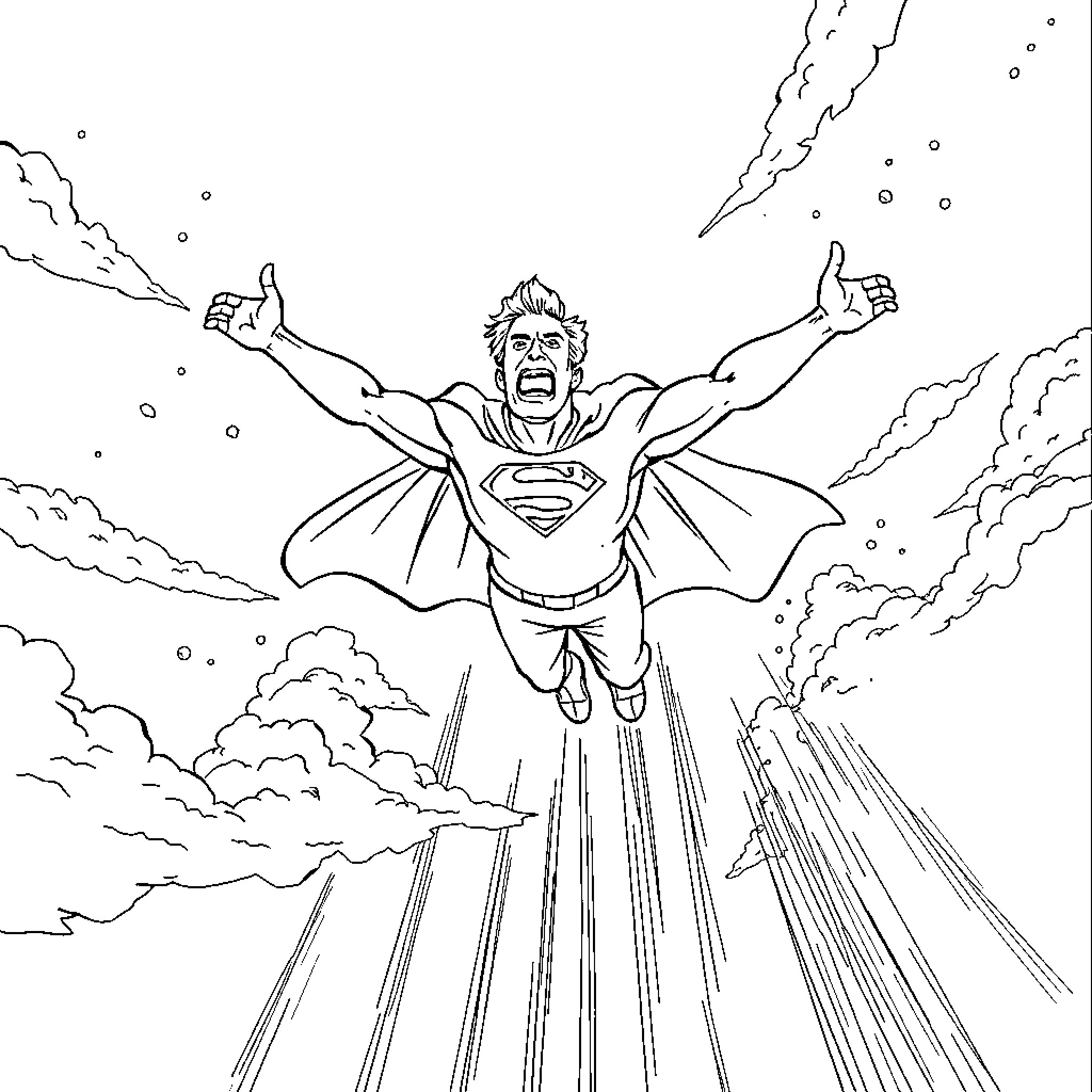 Kramer's Heroic Pose in the Clouds Coloring Page (free black-and-white line drawing printable PDF for all, from beginners to advanced learners, including children, teens, adults, and seniors)