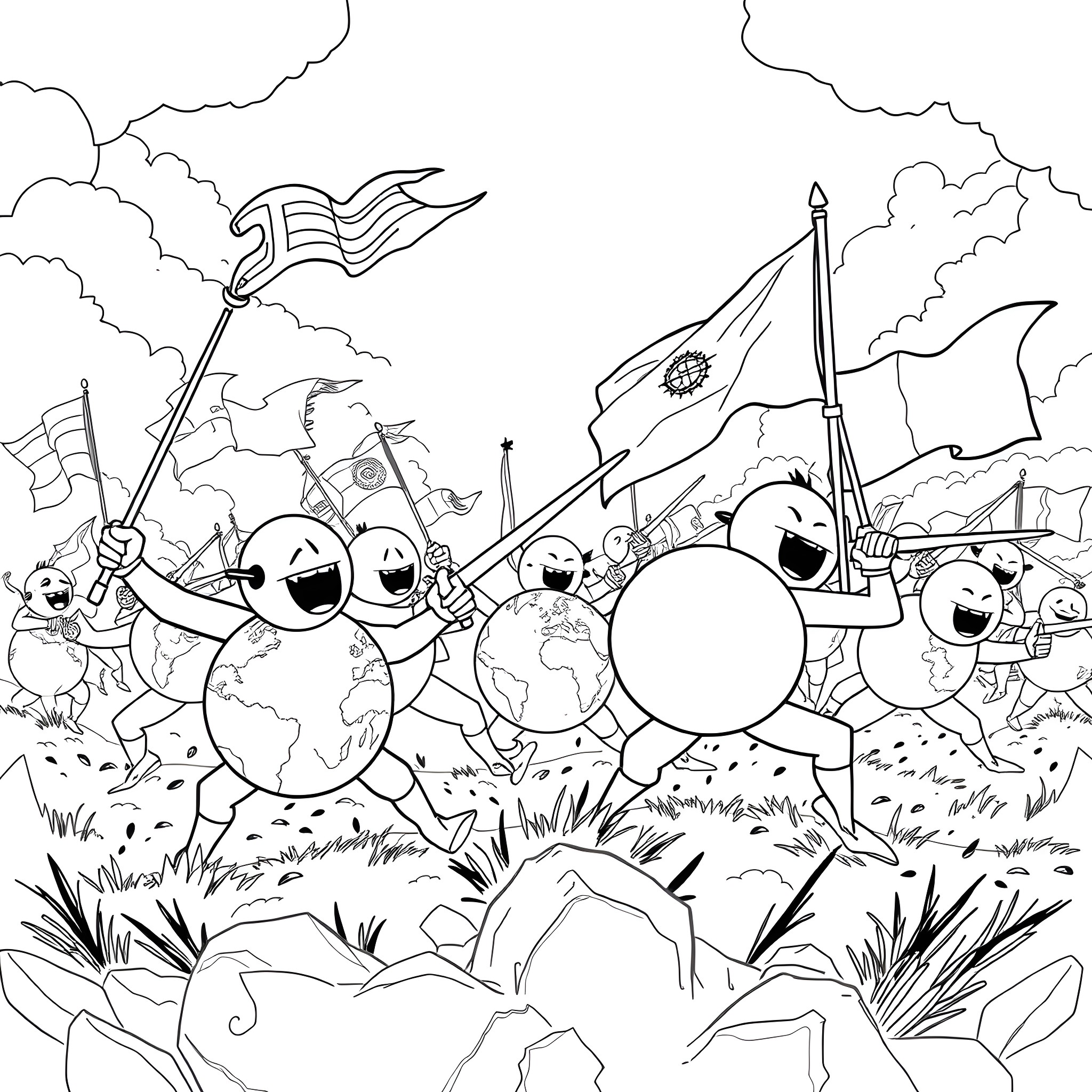Country Ball Characters Celebrating with Flags and Banners Coloring Page (free black-and-white line drawing printable PDF for all, from beginners to advanced learners, including children, teens, adults, and seniors)