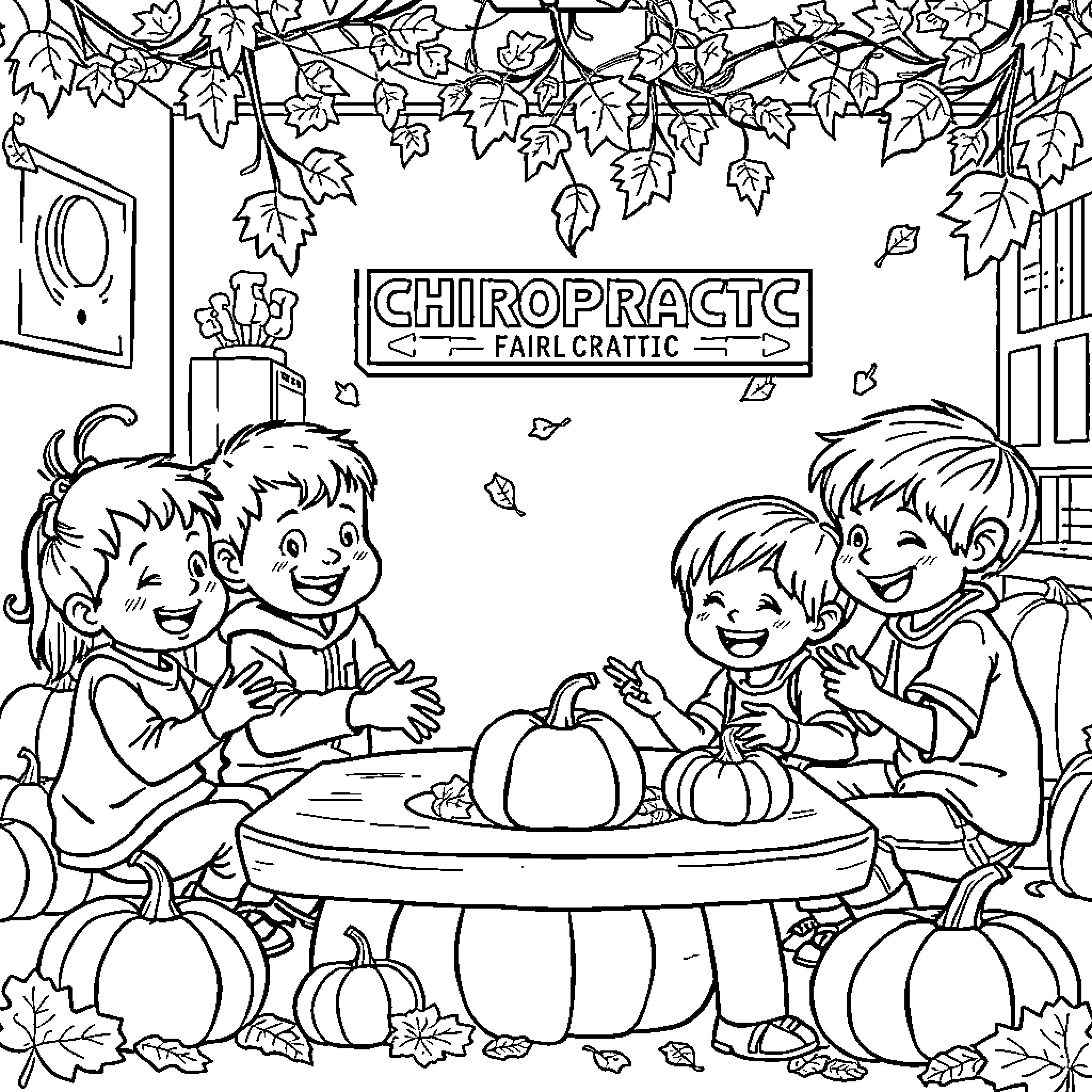 Children enjoying autumn activities at Chiropractic Fair Coloring Page (free black-and-white line drawing printable PDF for all, from beginners to advanced learners, including children, teens, adults, and seniors)