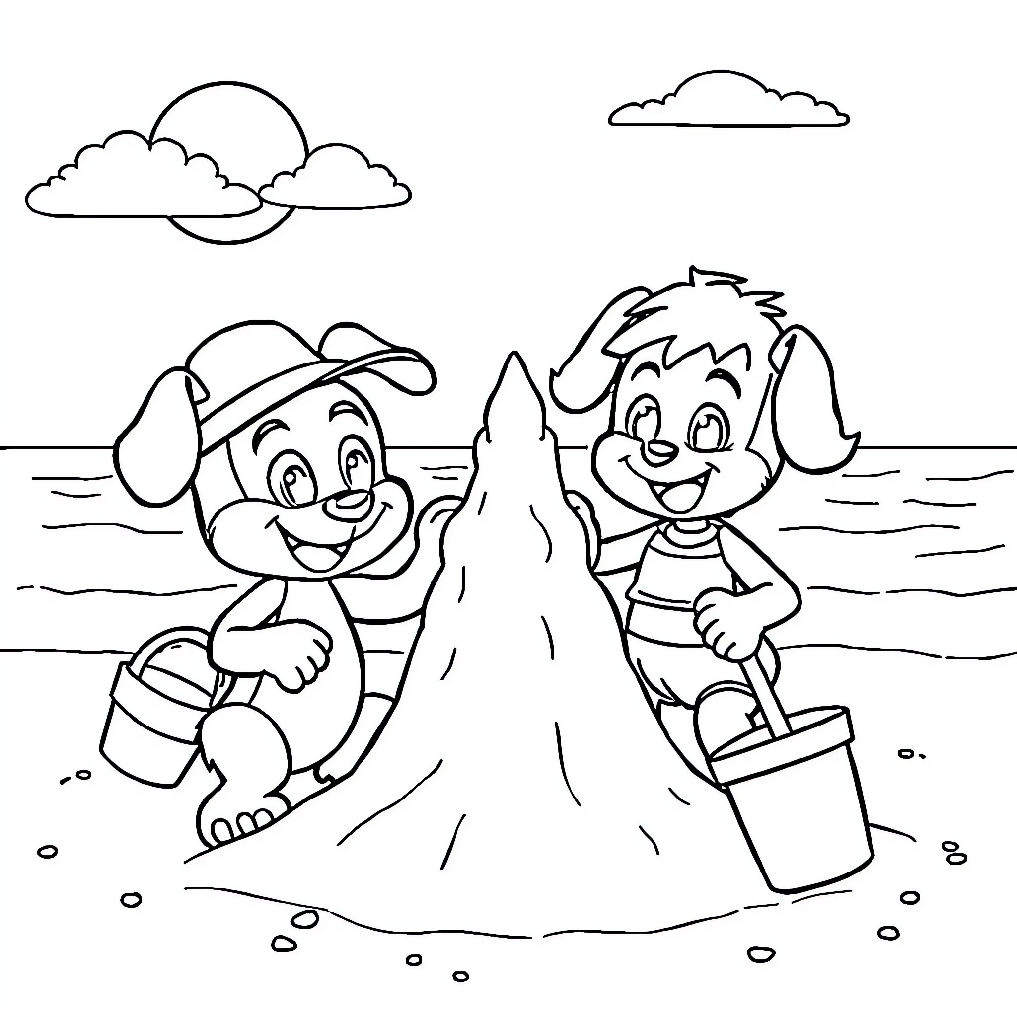 Bluey and friend building a sandcastle on the beach Coloring Page (free black-and-white line drawing printable PDF for all, from beginners to advanced learners, including children, teens, adults, and seniors)
