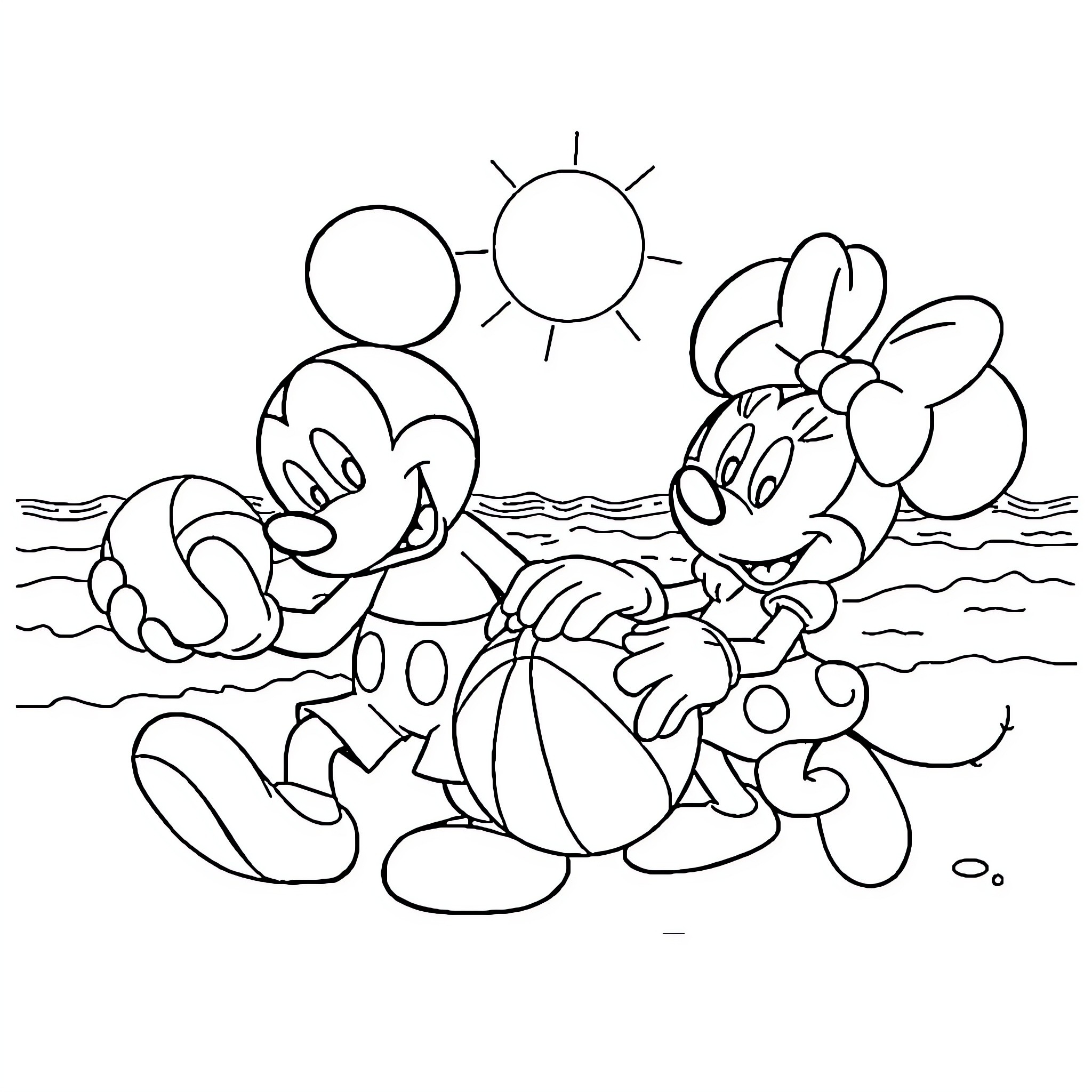 Mickey Mouse and Minnie Mouse playing in the ocean Coloring Page (free black-and-white line drawing printable PDF for all, from beginners to advanced learners, including children, teens, adults, and seniors)