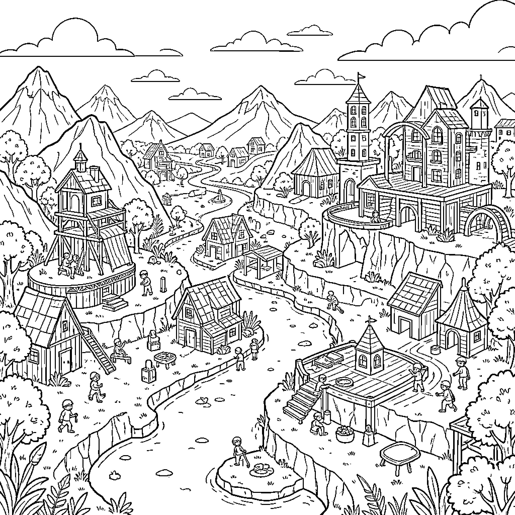 Minecraft characters exploring a vast village landscape Coloring Page (free black-and-white line drawing printable PDF for all, from beginners to advanced learners, including children, teens, adults, and seniors)