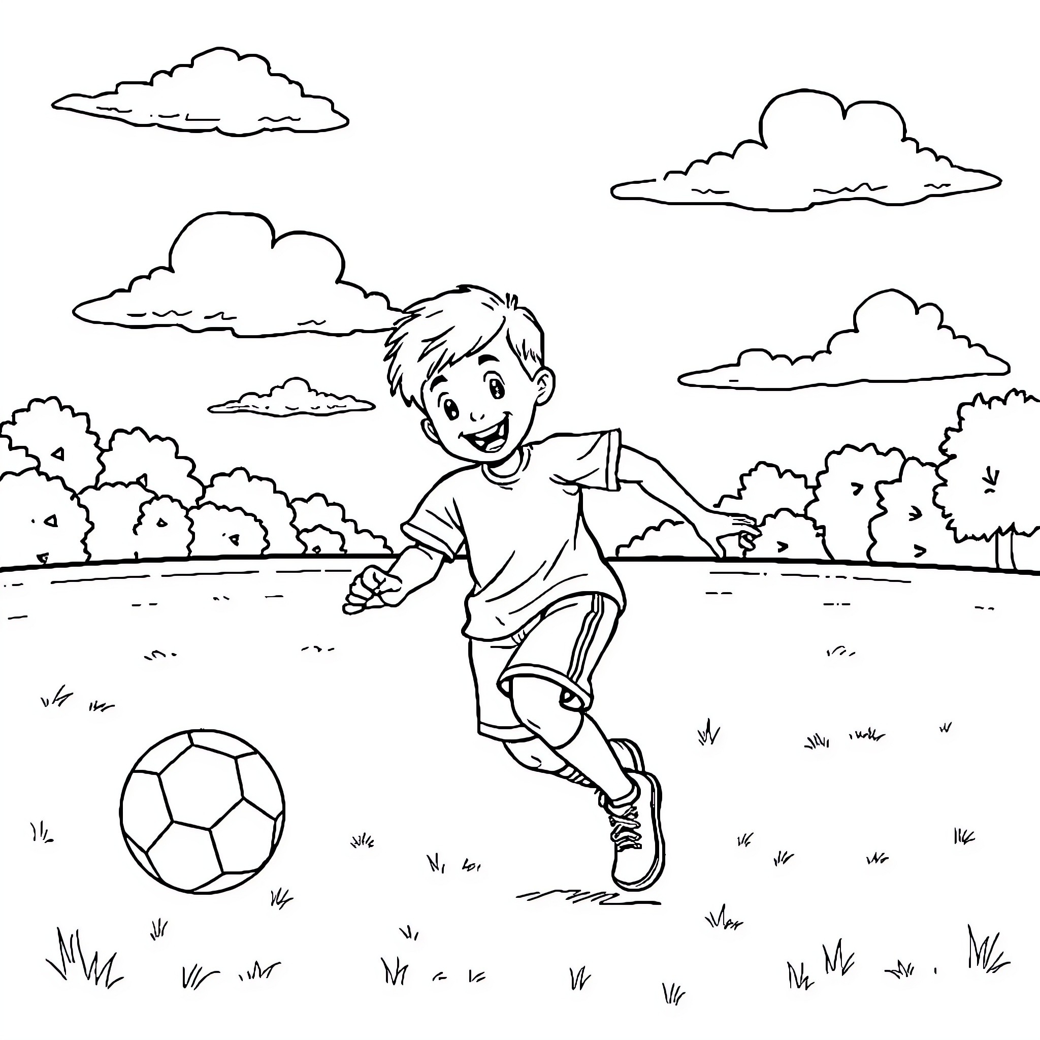 Boy playing happily with soccer ball in the park Coloring Page (free black-and-white line drawing printable PDF for all, from beginners to advanced learners, including children, teens, adults, and seniors)