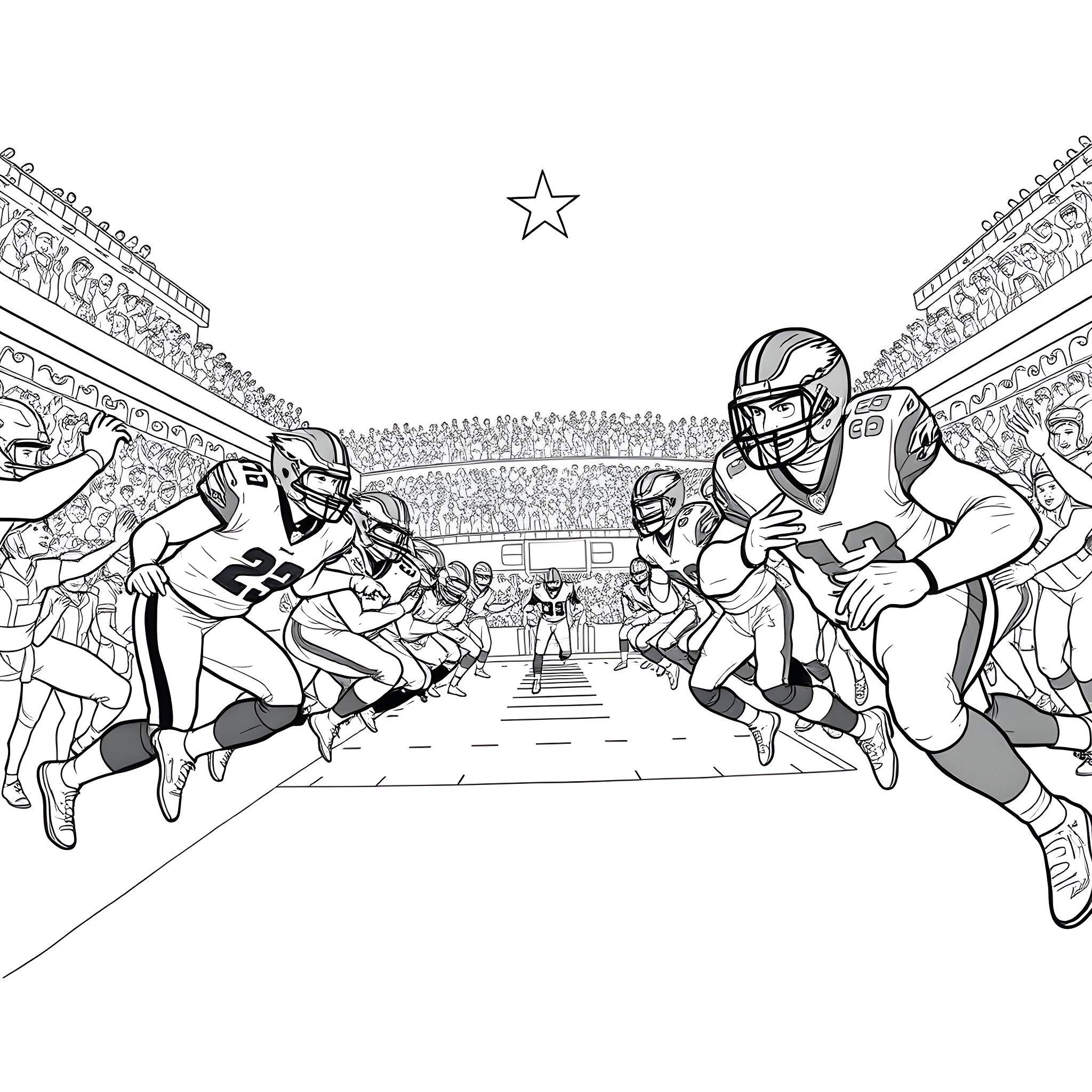 Eagles battle fiercely on the football field Coloring Page (free black-and-white line drawing printable PDF for all, from beginners to advanced learners, including children, teens, adults, and seniors)