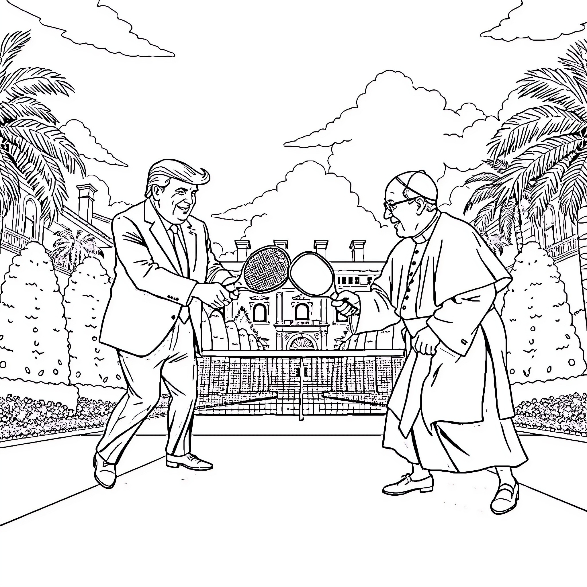 Donald Trump in heated discussion with political rival Coloring Page (free black-and-white line drawing printable PDF for all, from beginners to advanced learners, including children, teens, adults, and seniors)