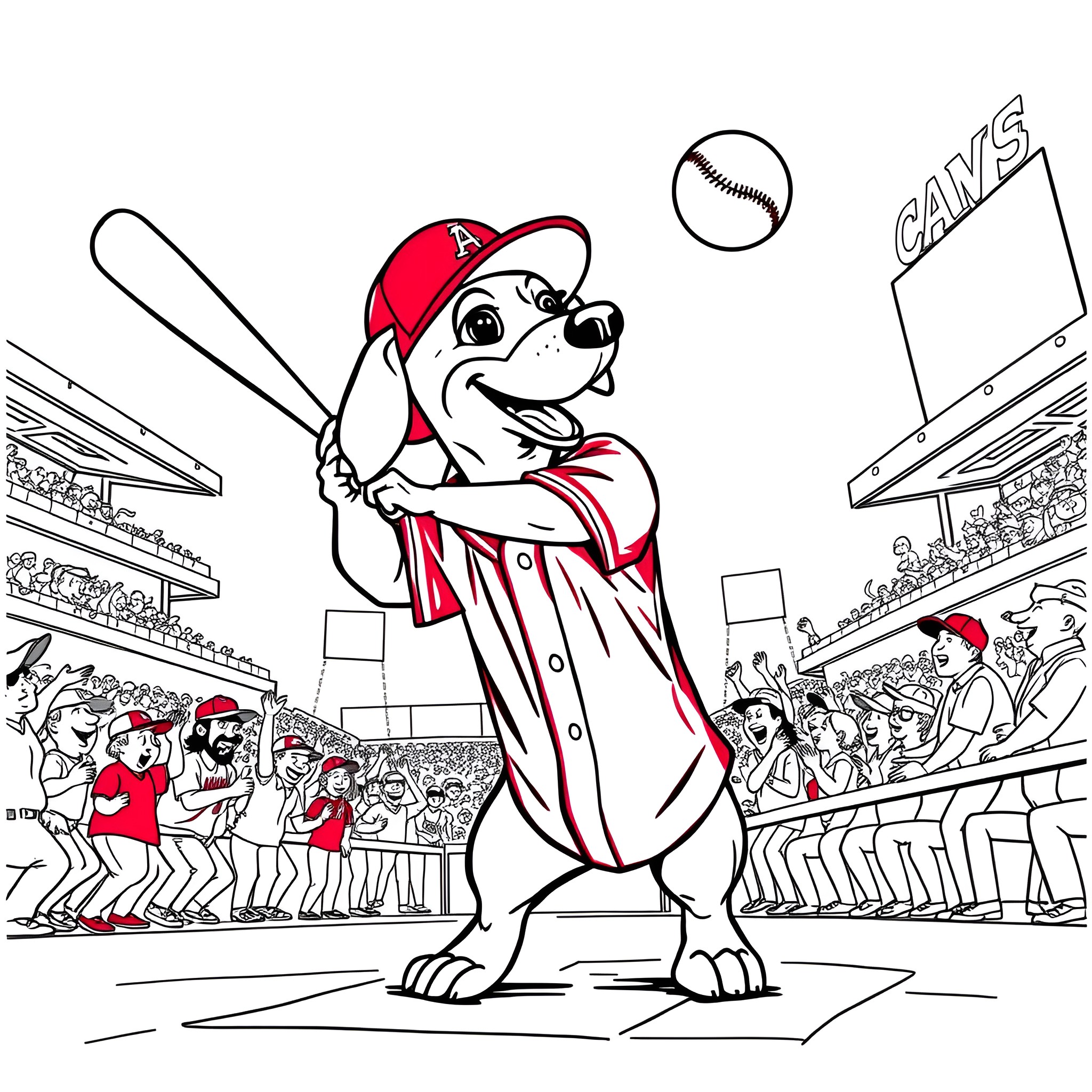 Dachshund baseball player batting on the field Coloring Page (free black-and-white line drawing printable PDF for all, from beginners to advanced learners, including children, teens, adults, and seniors)