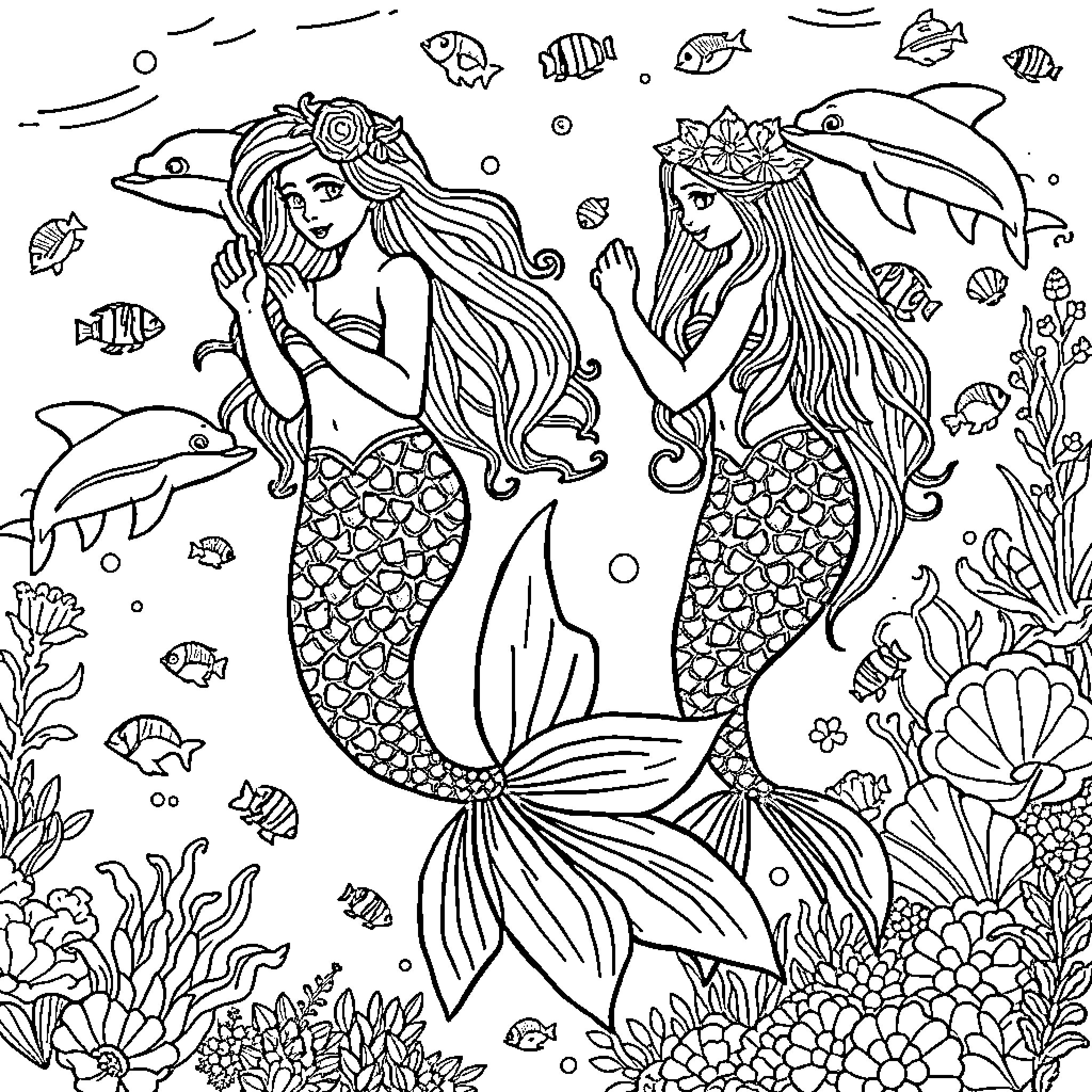 Mermaid Enchantment in the Underwater Realm Coloring Page (free black-and-white line drawing printable PDF for all, from beginners to advanced learners, including children, teens, adults, and seniors)
