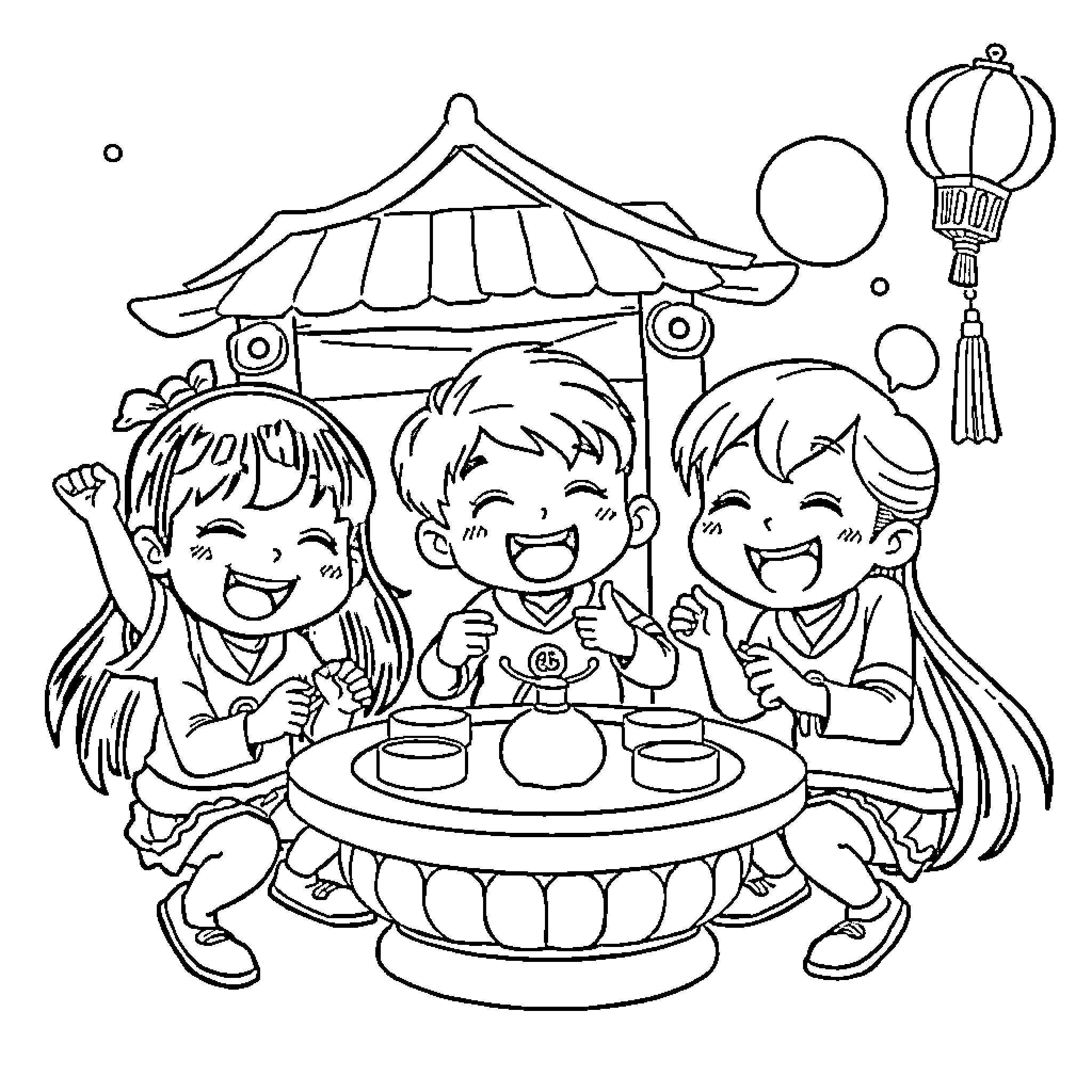 Miniteen friends enjoy a festive gathering Coloring Page (free black-and-white line drawing printable PDF for all, from beginners to advanced learners, including children, teens, adults, and seniors)