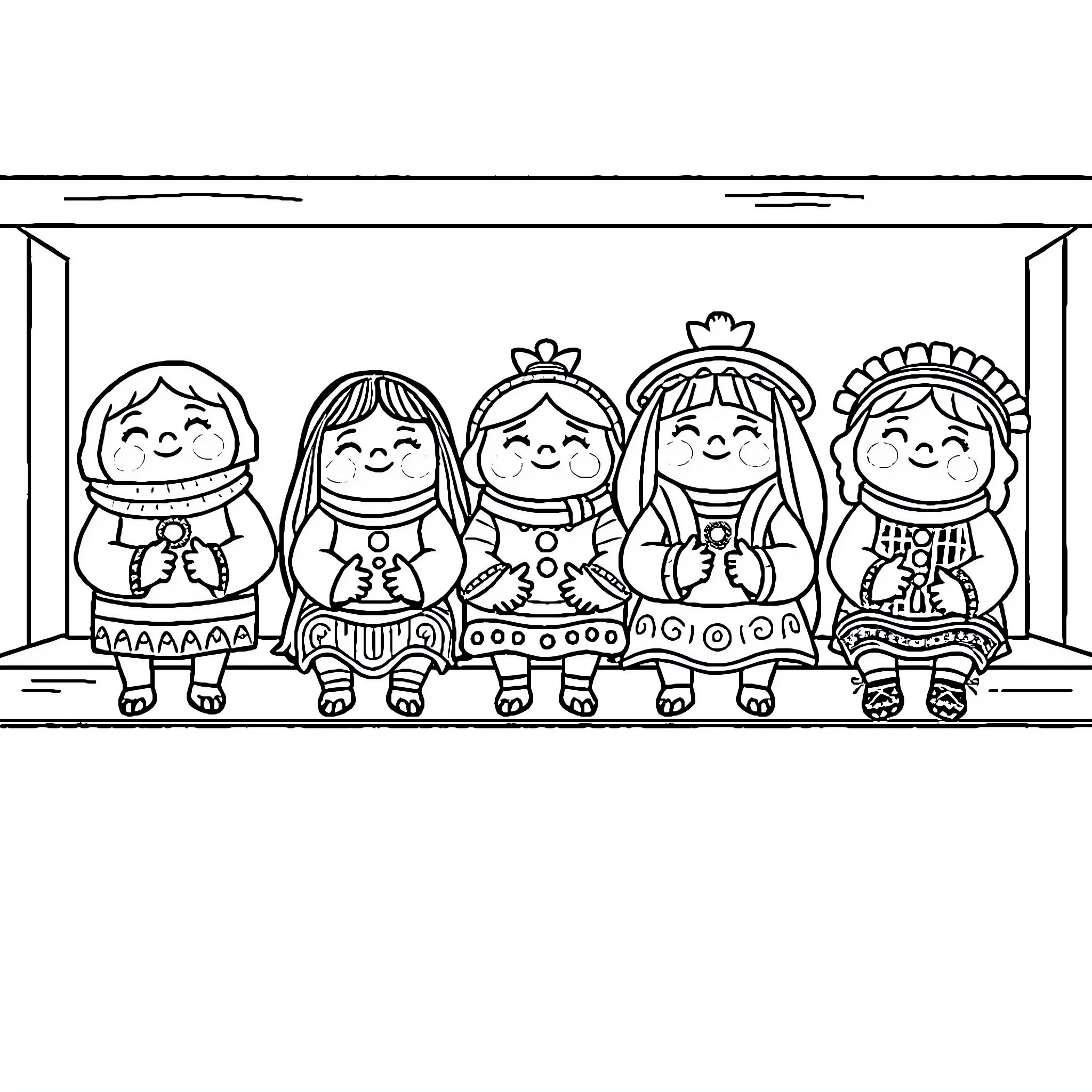 Doll characters in festive outfits and poses Coloring Page (free black-and-white line drawing printable PDF for all, from beginners to advanced learners, including children, teens, adults, and seniors)