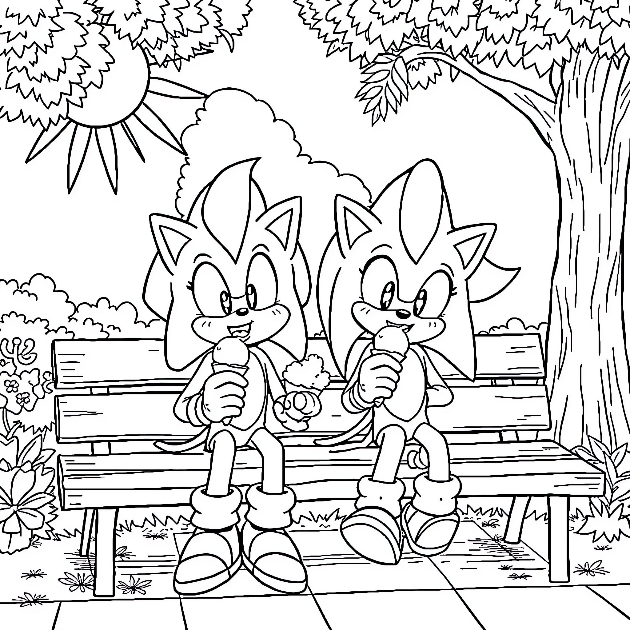 Sonic characters enjoying a sunny day outdoors Coloring Page (free black-and-white line drawing printable PDF for all, from beginners to advanced learners, including children, teens, adults, and seniors)