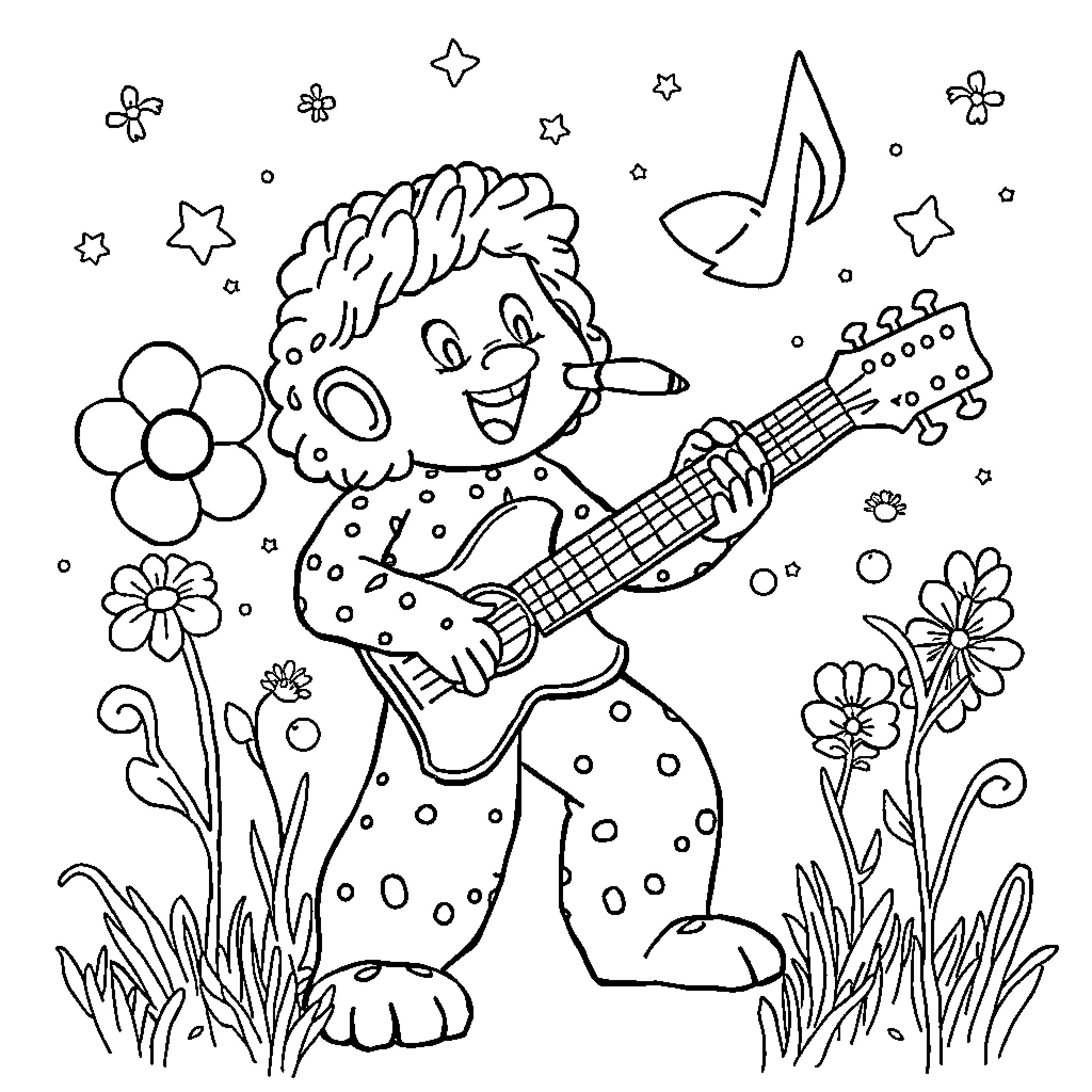 Tune in to the Whimsical Musician's Melody Coloring Page (free black-and-white line drawing printable PDF for all, from beginners to advanced learners, including children, teens, adults, and seniors)