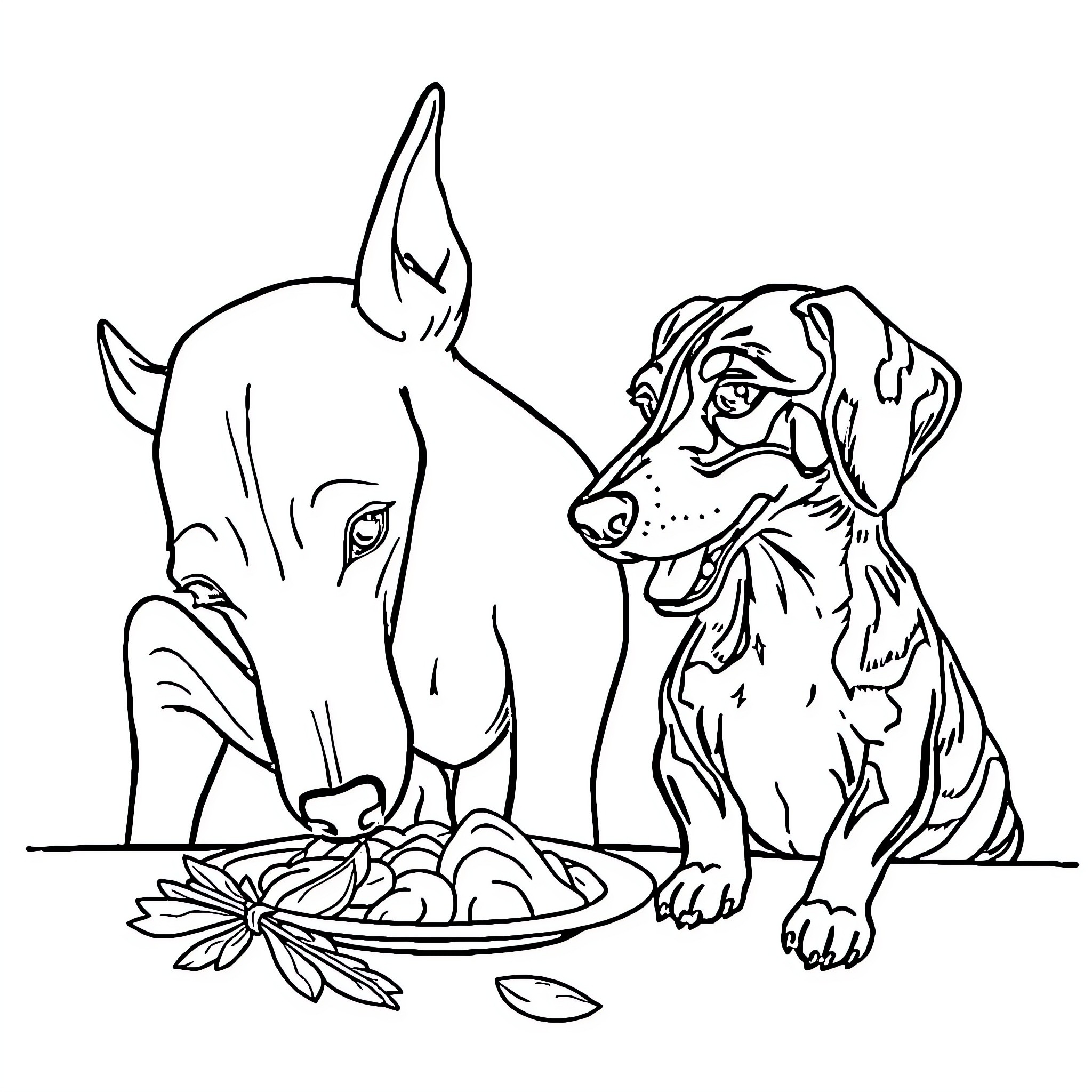 Weimaraner dog enjoying a hearty meal Coloring Page (free black-and-white line drawing printable PDF for all, from beginners to advanced learners, including children, teens, adults, and seniors)