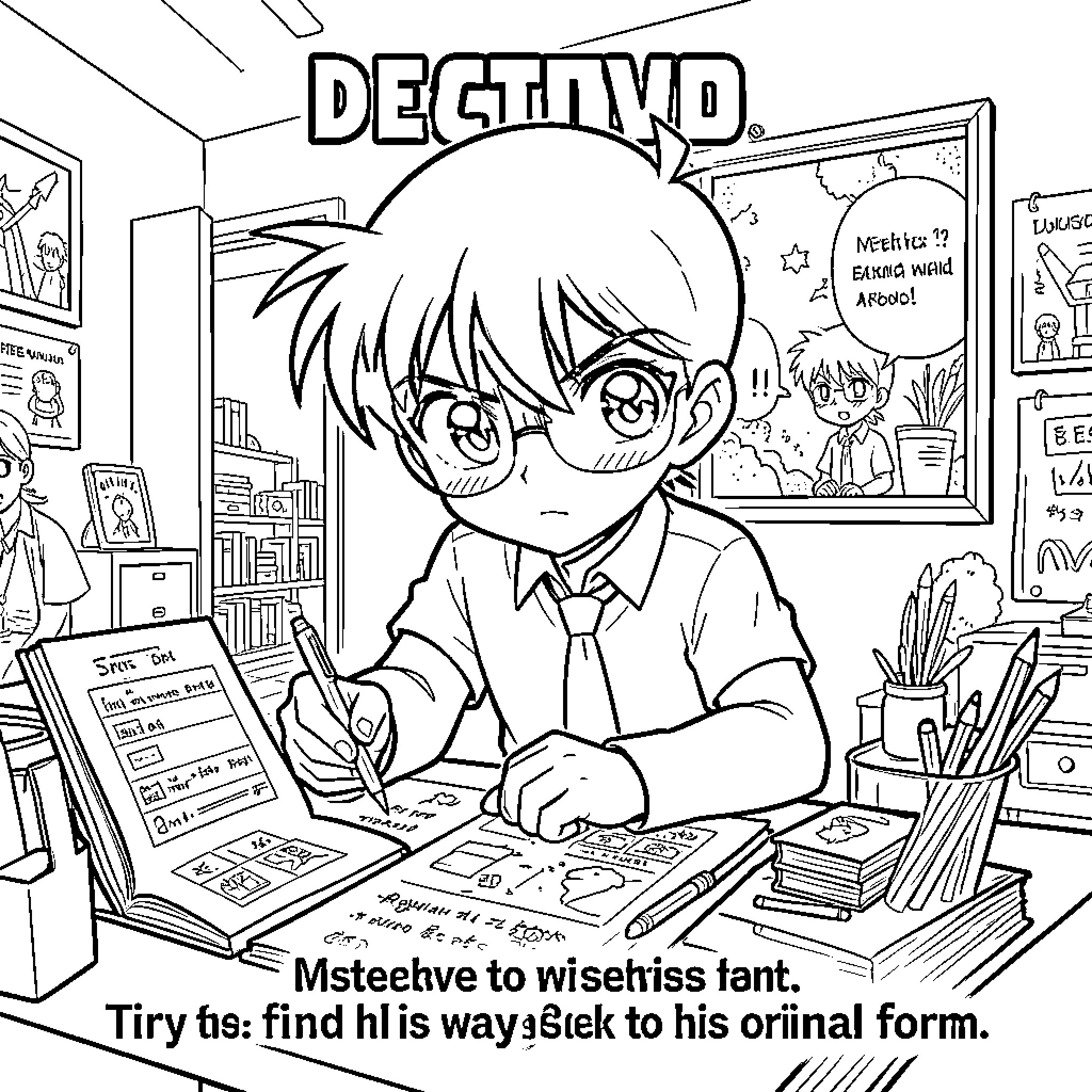 Detective Conan studying intently at a cluttered desk Coloring Page (free black-and-white line drawing printable PDF for all, from beginners to advanced learners, including children, teens, adults, and seniors)