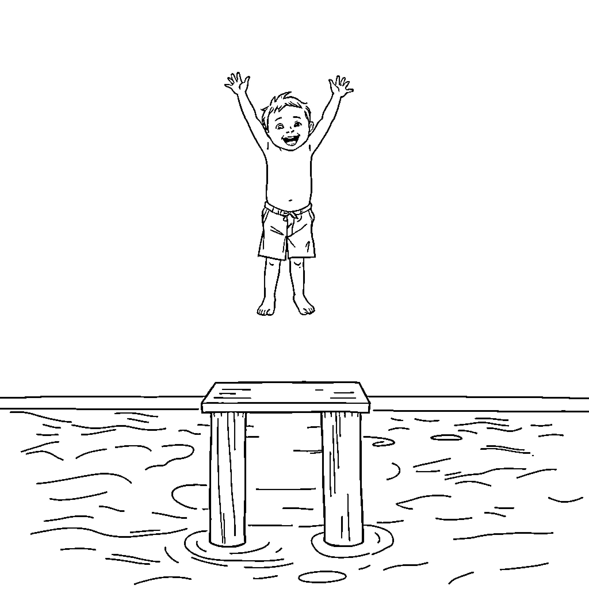 Diver celebrating joyfully on platform Coloring Page (free black-and-white line drawing printable PDF for all, from beginners to advanced learners, including children, teens, adults, and seniors)