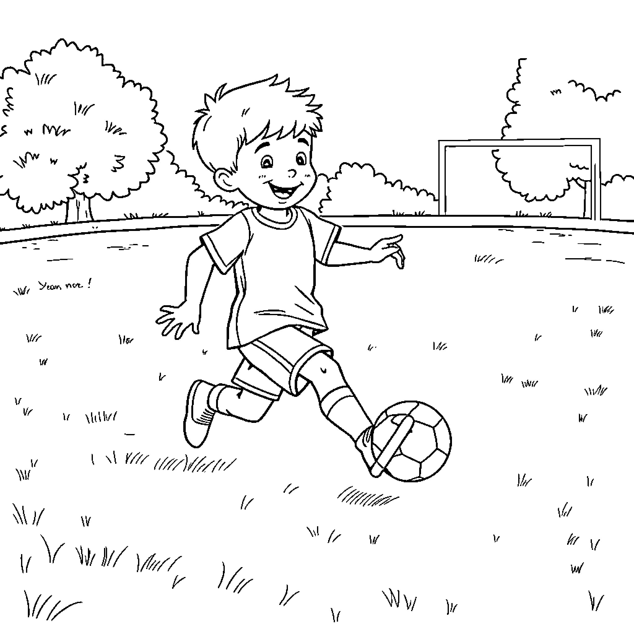Boy playing joyfully with soccer ball in the park Coloring Page (free black-and-white line drawing printable PDF for all, from beginners to advanced learners, including children, teens, adults, and seniors)