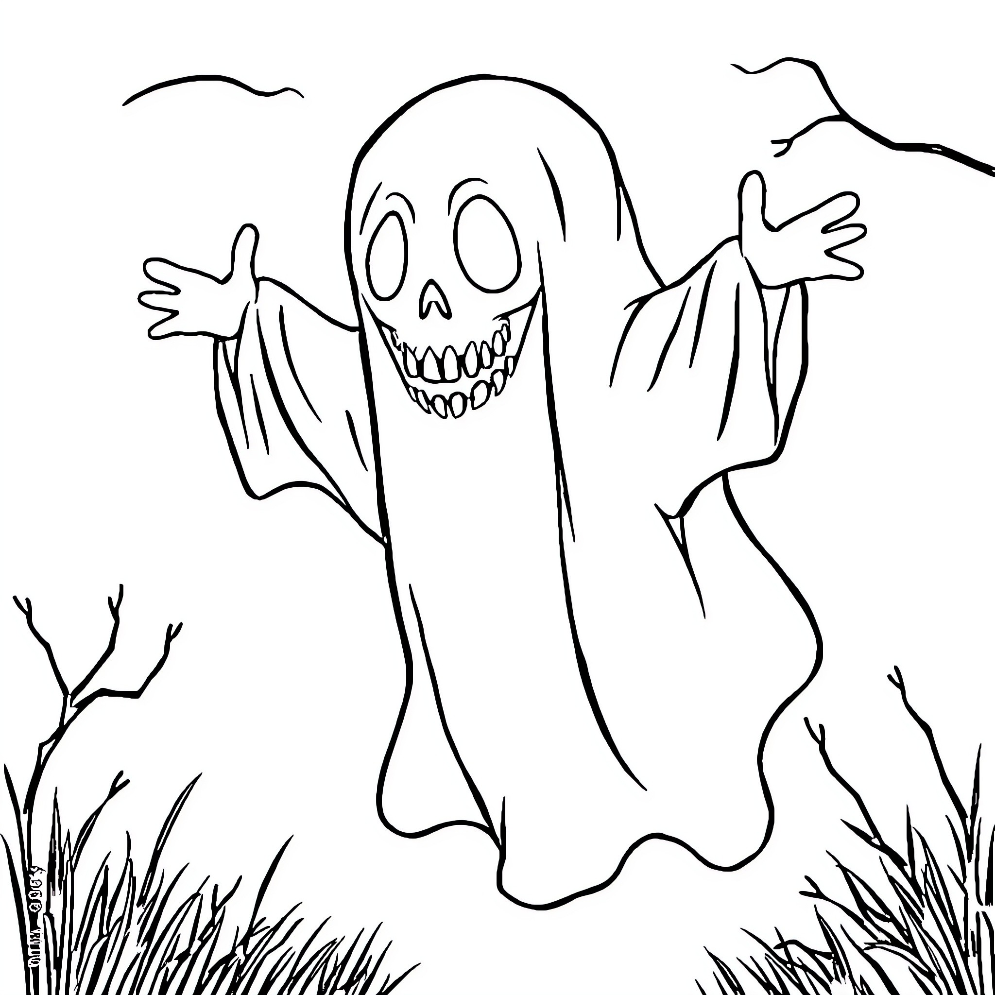 Ghost emerging from the shadows with a spooky grin Coloring Page (free black-and-white line drawing printable PDF for all, from beginners to advanced learners, including children, teens, adults, and seniors)