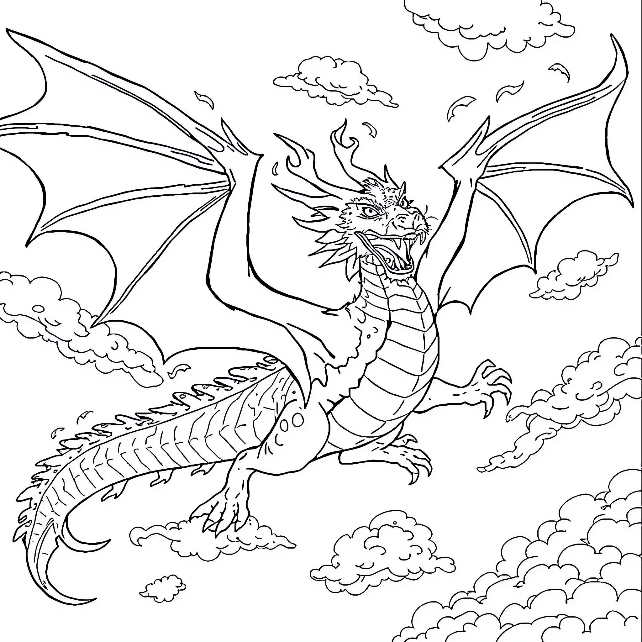 Fire Dragon soaring through the cloudy sky Coloring Page (free black-and-white line drawing printable PDF for all, from beginners to advanced learners, including children, teens, adults, and seniors)