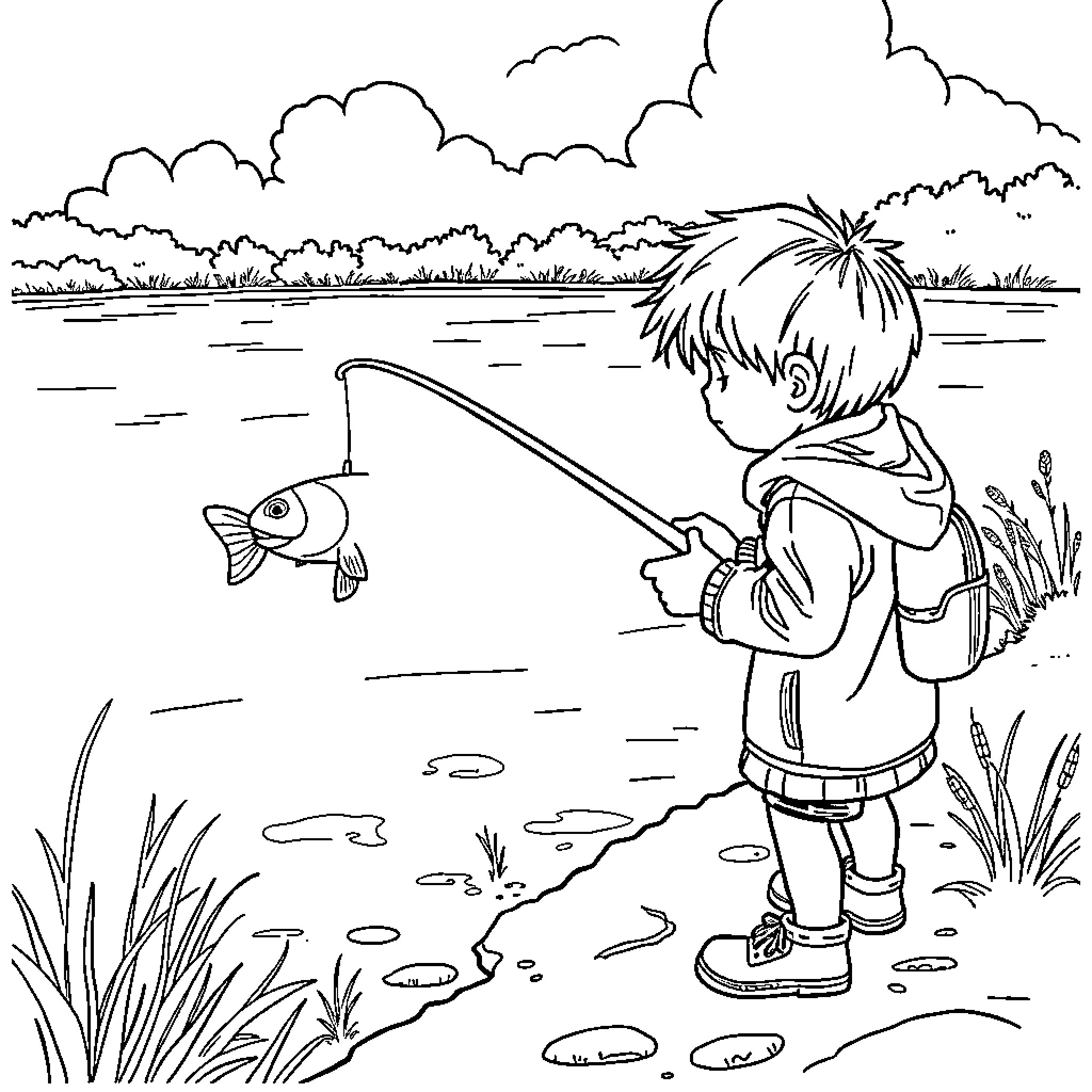 Child Fishing by the Lakeside Coloring Page (free black-and-white line drawing printable PDF for all, from beginners to advanced learners, including children, teens, adults, and seniors)