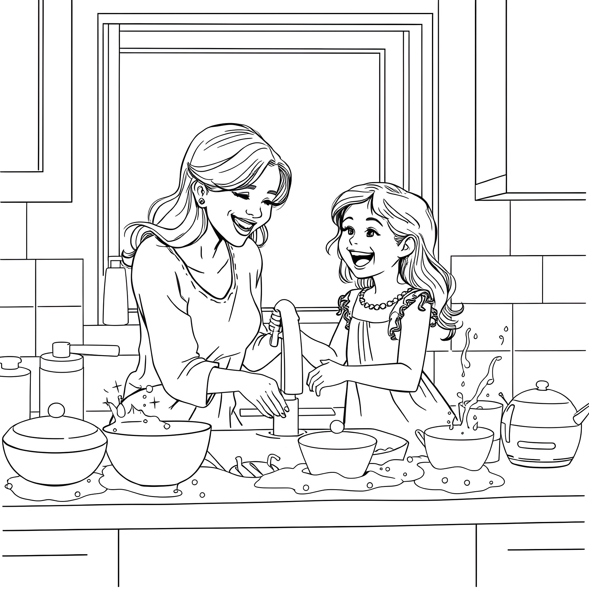 Mother and Daughter Baking Together Happily Coloring Page (free black-and-white line drawing printable PDF for all, from beginners to advanced learners, including children, teens, adults, and seniors)