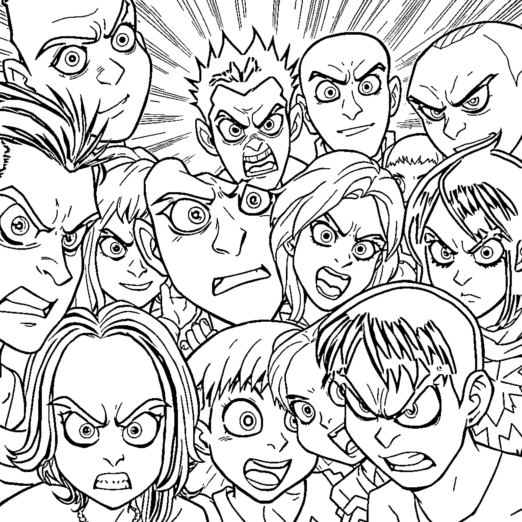 Manga Characters in Expressive Poses and Emotions Coloring Page (free black-and-white line drawing printable PDF for all, from beginners to advanced learners, including children, teens, adults, and seniors)