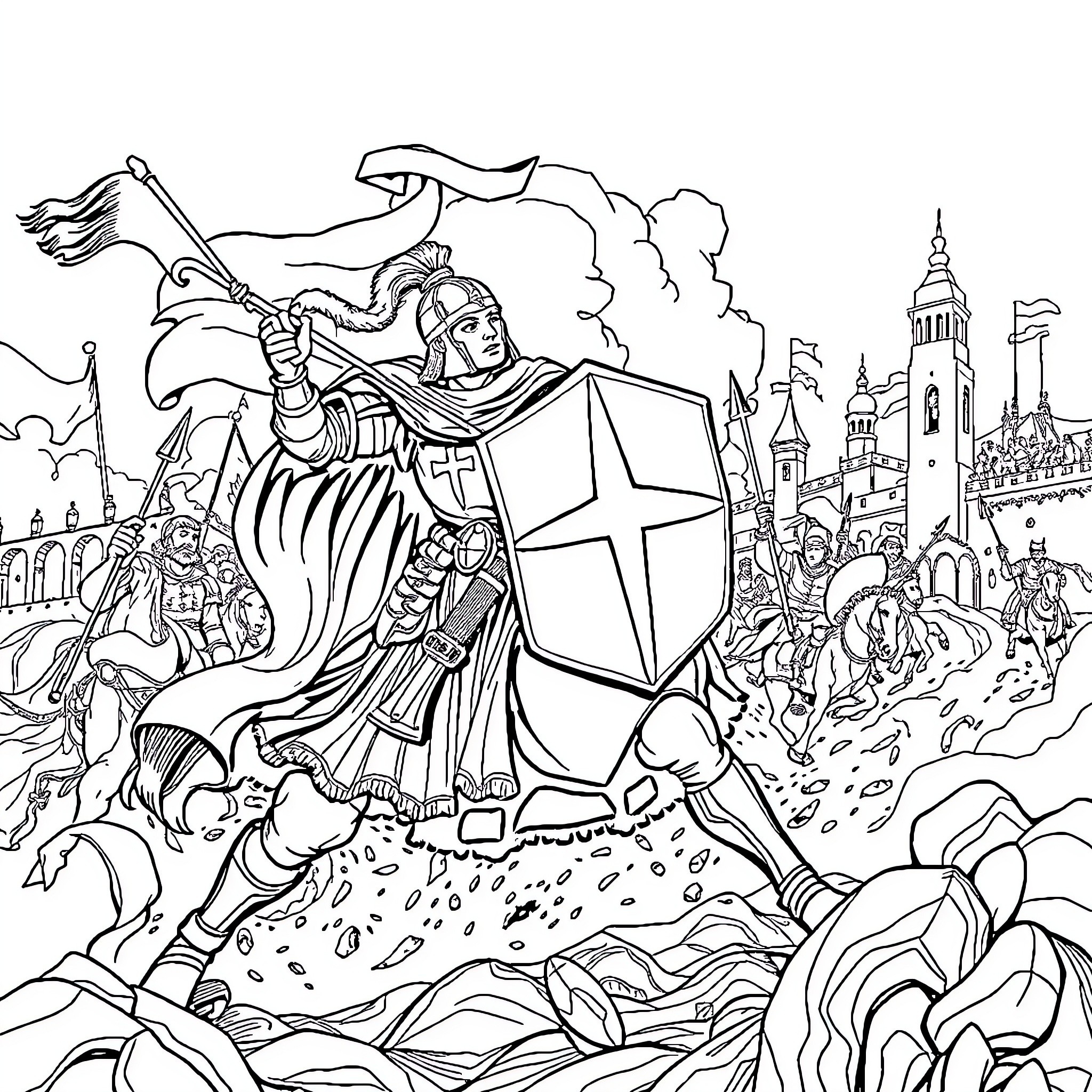 Cid's Epic Medieval Conquest Coloring Page (free black-and-white line drawing printable PDF for all, from beginners to advanced learners, including children, teens, adults, and seniors)