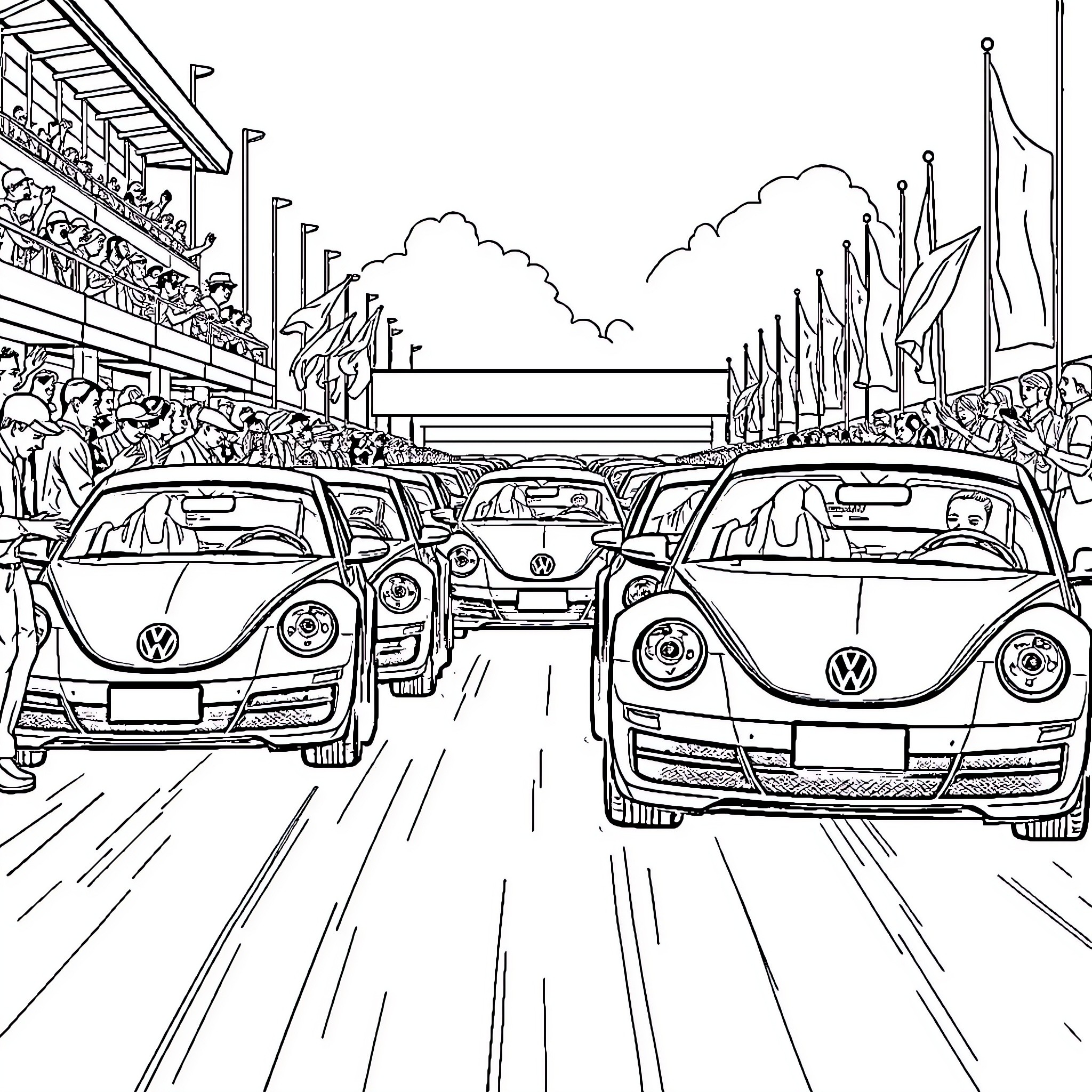 Volkswagen cars on the racetrack Coloring Page (free black-and-white line drawing printable PDF for all, from beginners to advanced learners, including children, teens, adults, and seniors)