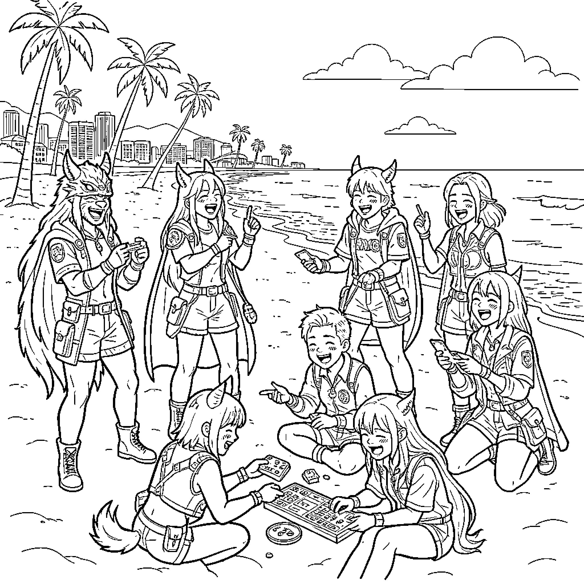 K-POP Demon Hunter group enjoying a tropical beach day Coloring Page (free black-and-white line drawing printable PDF for all, from beginners to advanced learners, including children, teens, adults, and seniors)