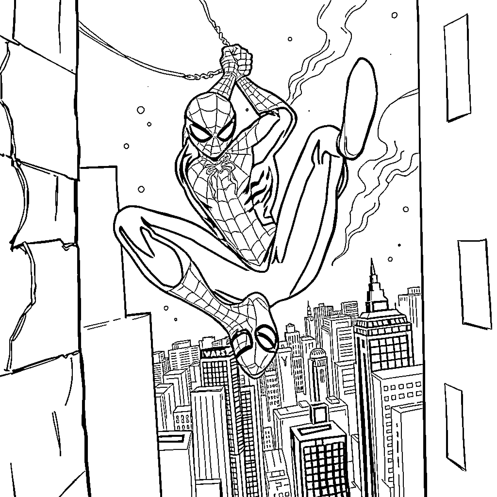 Spiderman swinging through the city skyline Coloring Page (free black-and-white line drawing printable PDF for all, from beginners to advanced learners, including children, teens, adults, and seniors)