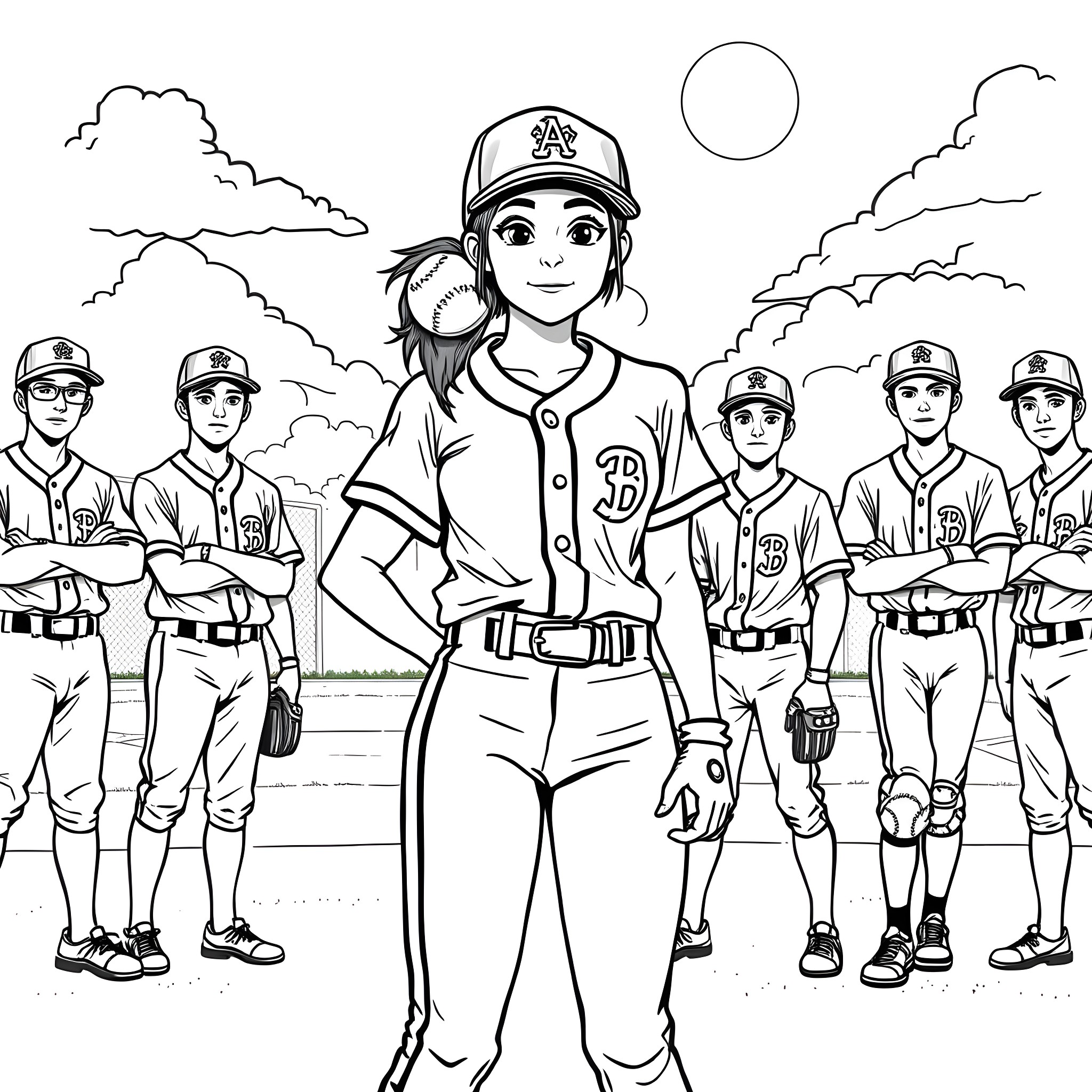 Woman baseball player leading her team on the field Coloring Page (free black-and-white line drawing printable PDF for all, from beginners to advanced learners, including children, teens, adults, and seniors)